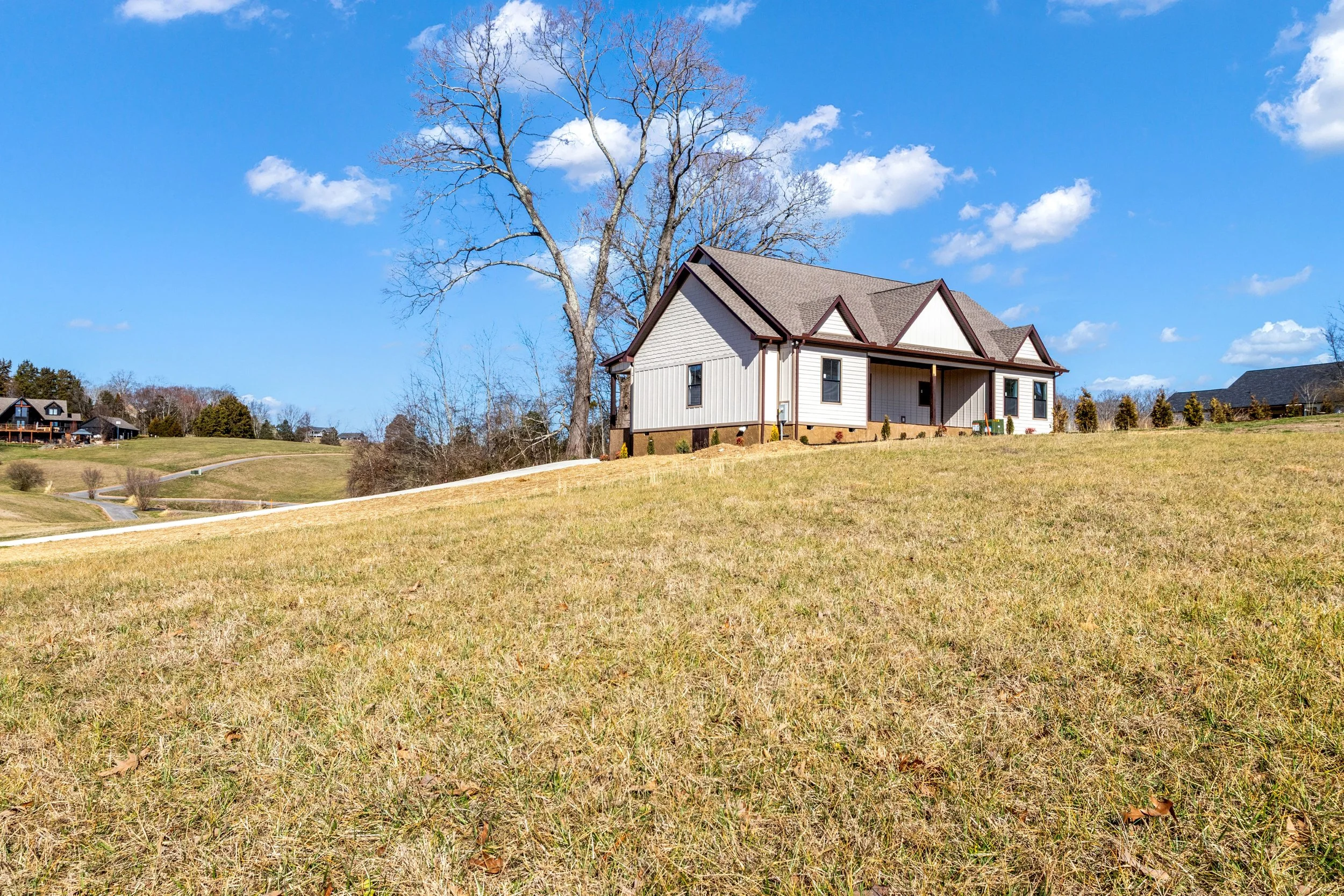 A house on a grassy hill with a large tree and a blue sky with scattered clouds in the background.