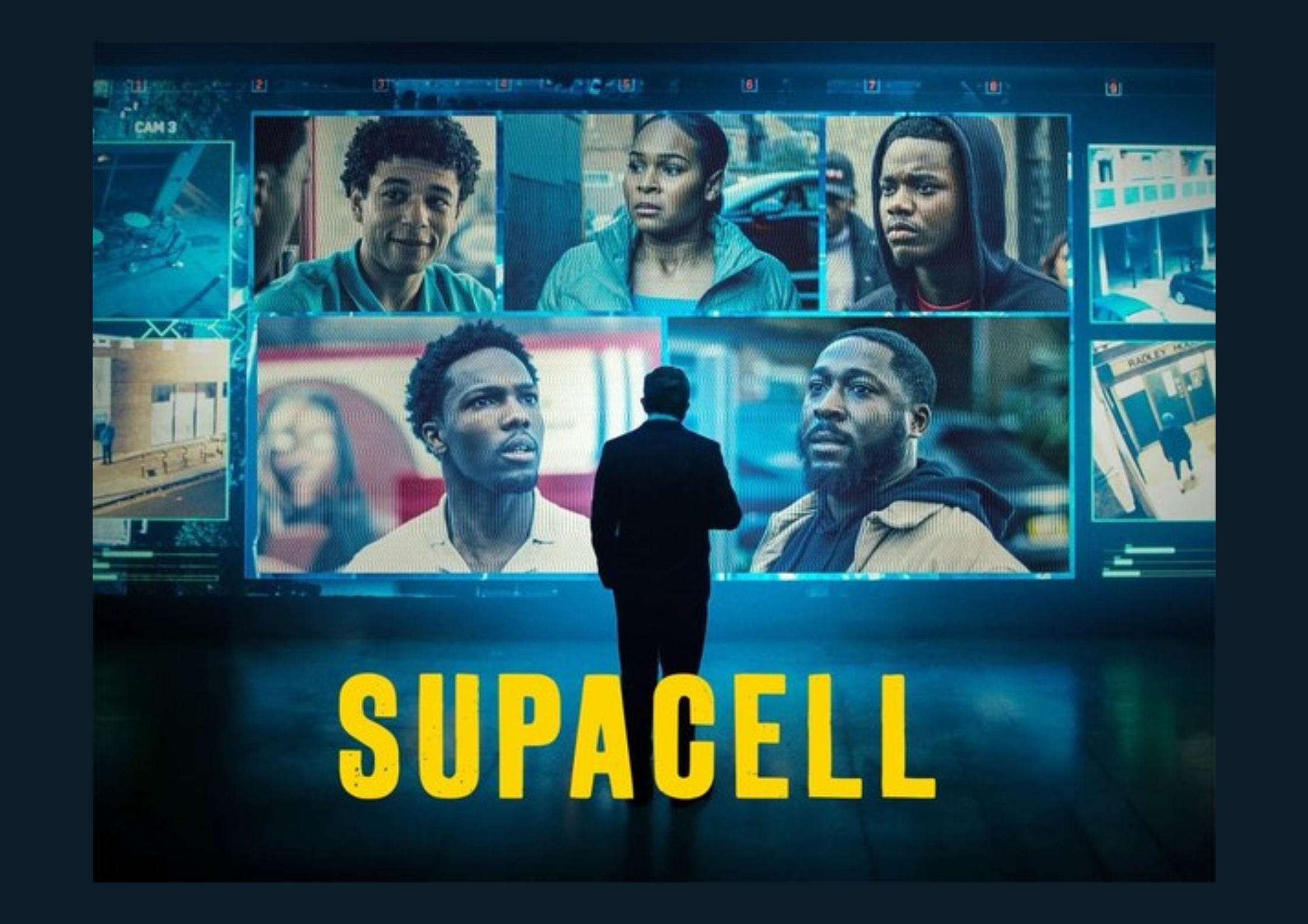 A man in a suit standing in front of a large digital screen displaying multiple video call participants, with the title 'SUPACELL' at the bottom.
