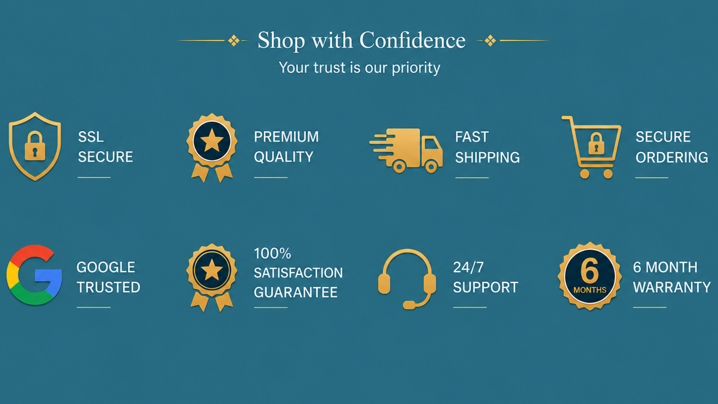 Infographic highlighting benefits of online shopping, including SSL security, premium quality, fast shipping, secure ordering, Google trusted, satisfaction guarantee, 24/7 support, 6 months warranty.