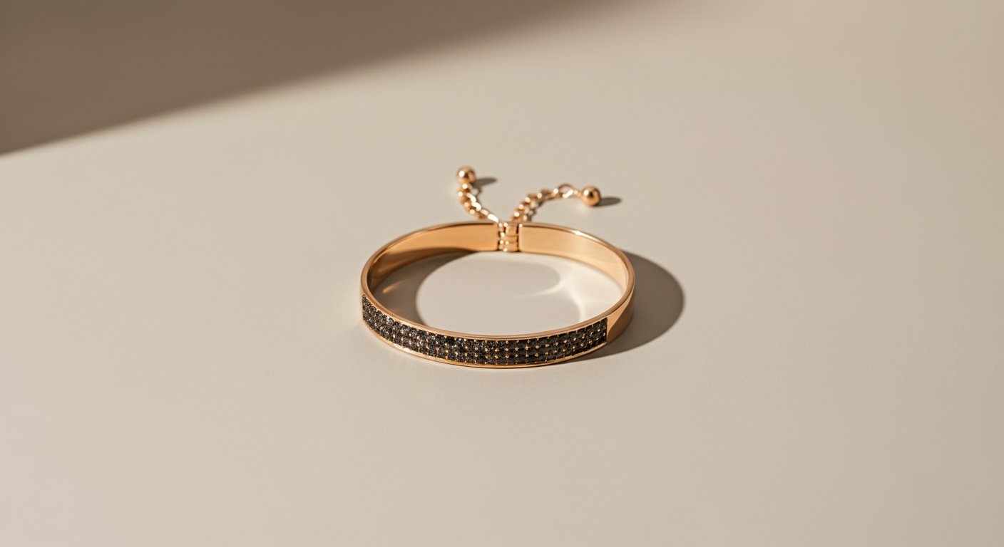 A gold bracelet with black stones, resting on a white surface with a shadow cast nearby.