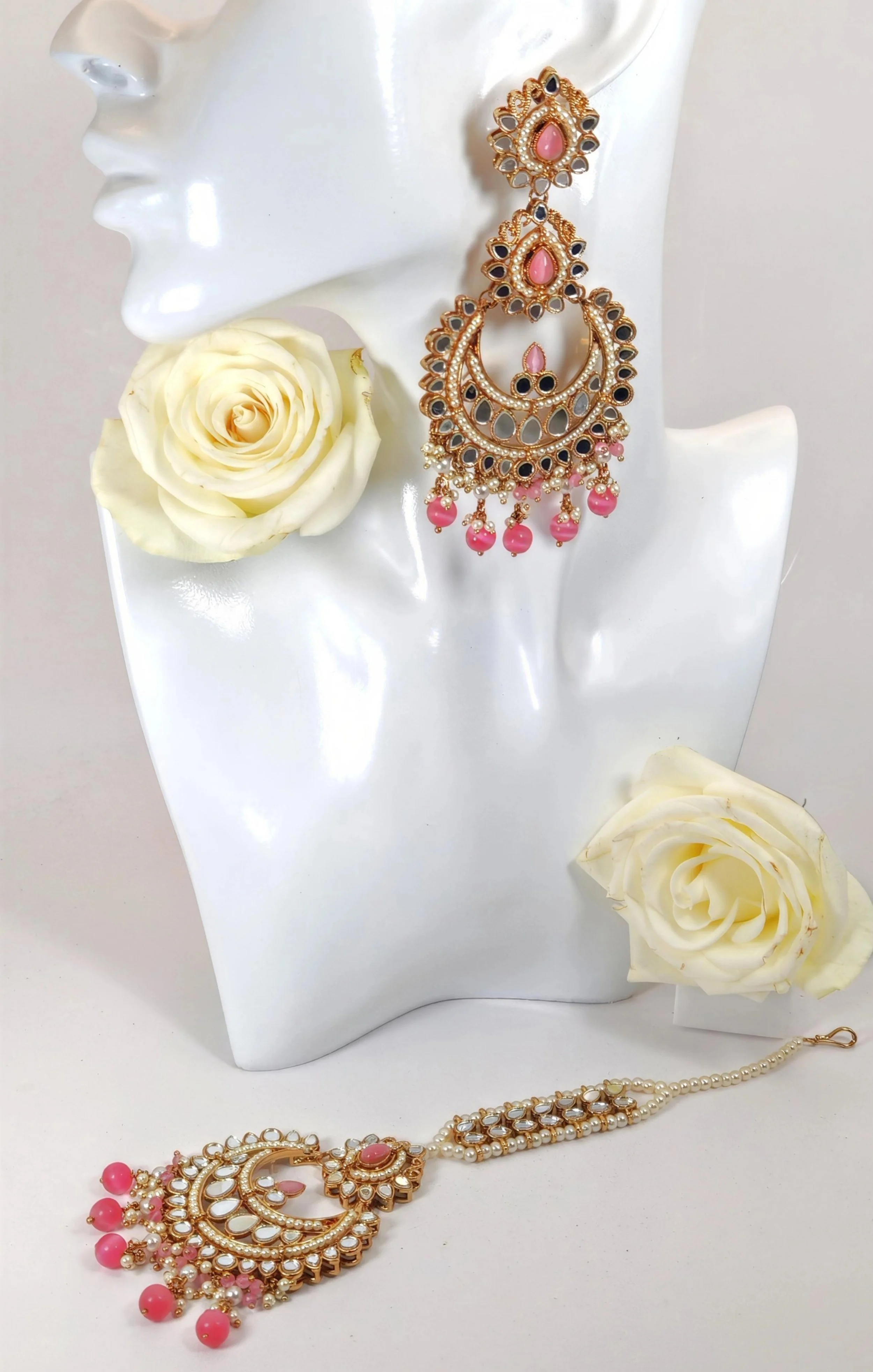Gold-Plated Kundan Earrings and Maang Tikka Set