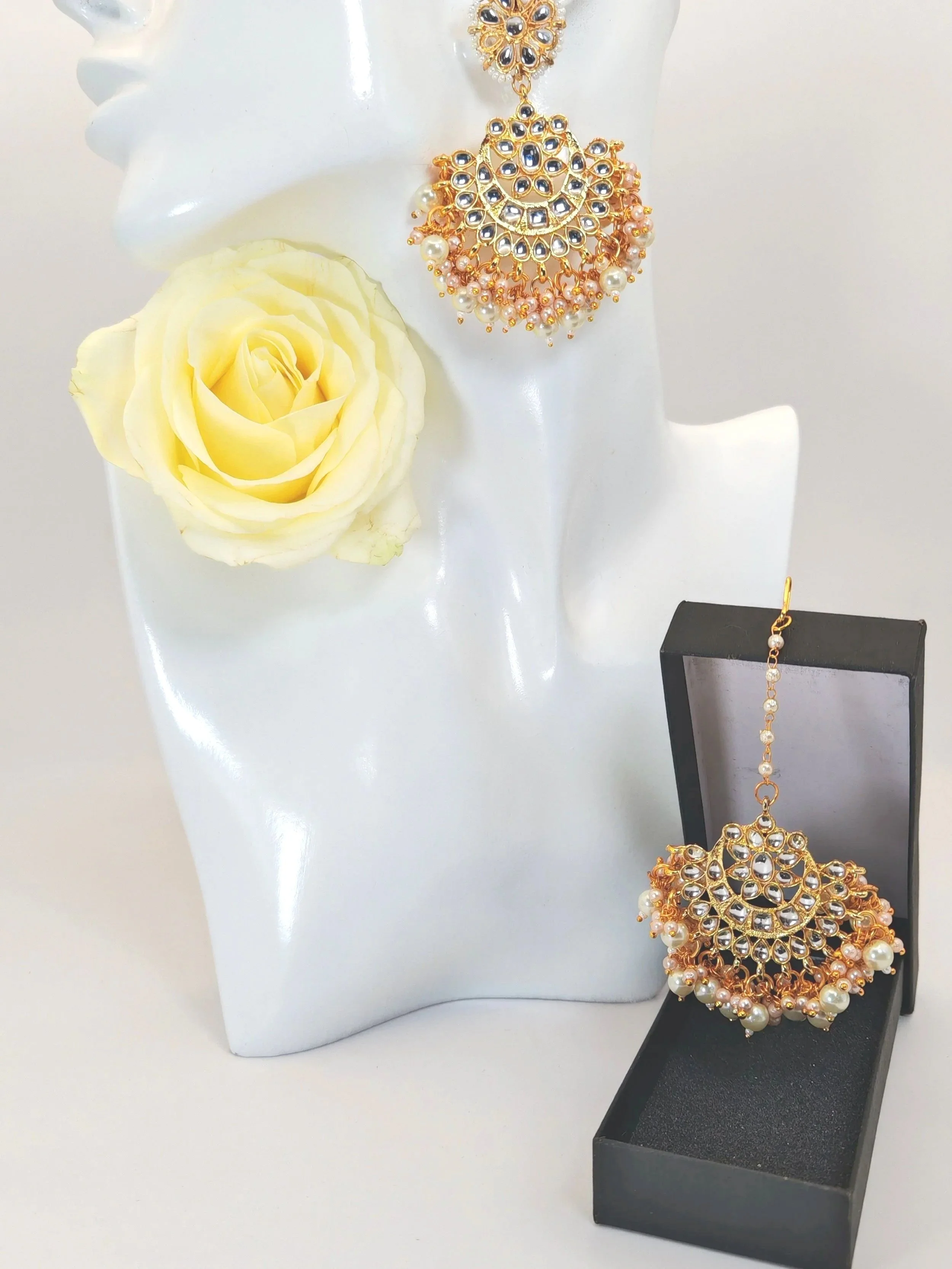Elegant Pearl & Gold Maangtikka & Earrings