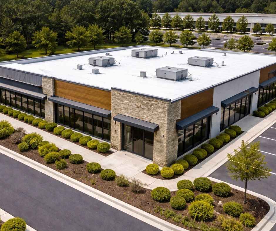 flat and low-slope roofing system on Myrtle Beach SC commercial building with roof membrane and drainage details