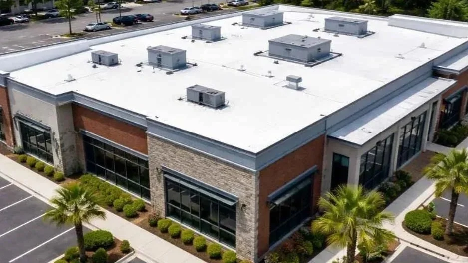 Aerial view of a commercial building with a flat white roof, large glass windows, brick and stone exterior, surrounded by palm trees and parking lot.
