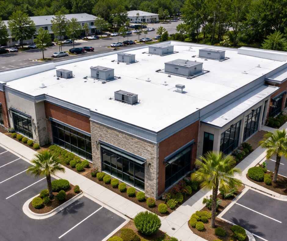 Modern building with white TPO roof in Myrtle Beach SC