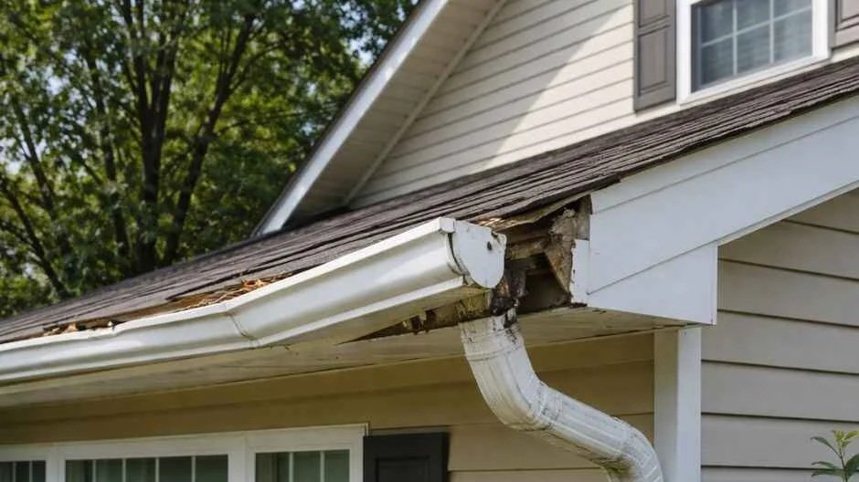 a damaged house gutter that is detaching from a Myrtle Beach, SC home. The gutter needs to be repaired.