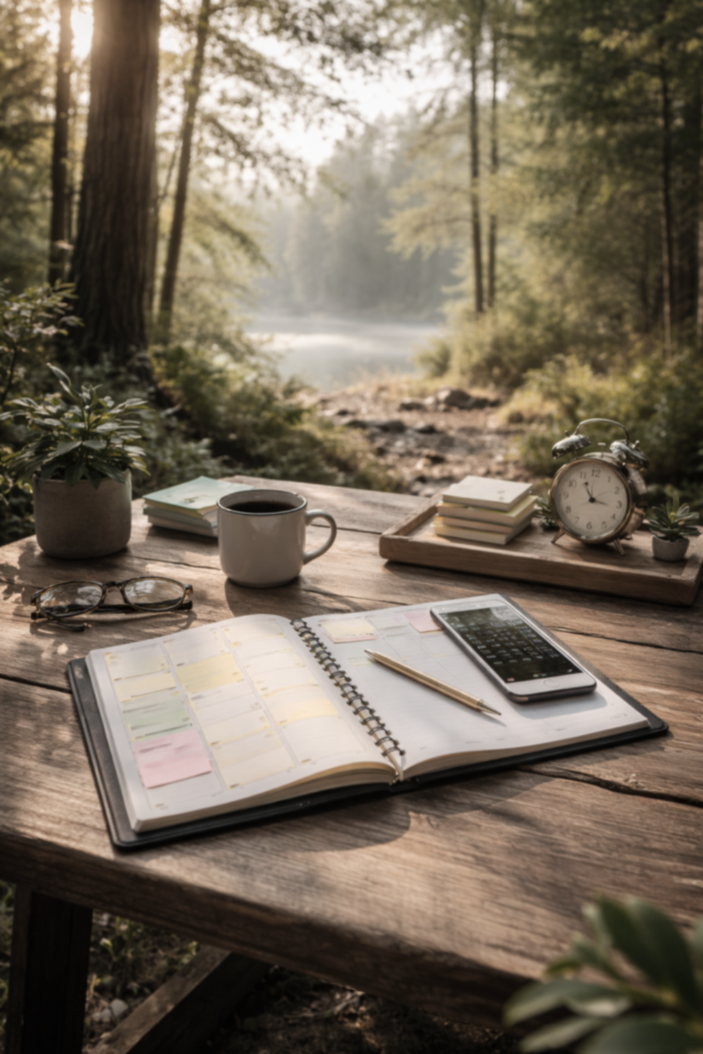 A wooden table outdoors with a notebook, pen, smartphone, glasses, coffee mug, potted plant, and a tray with stacked books, set against a forest and river background, with an alarm clock on the tray.