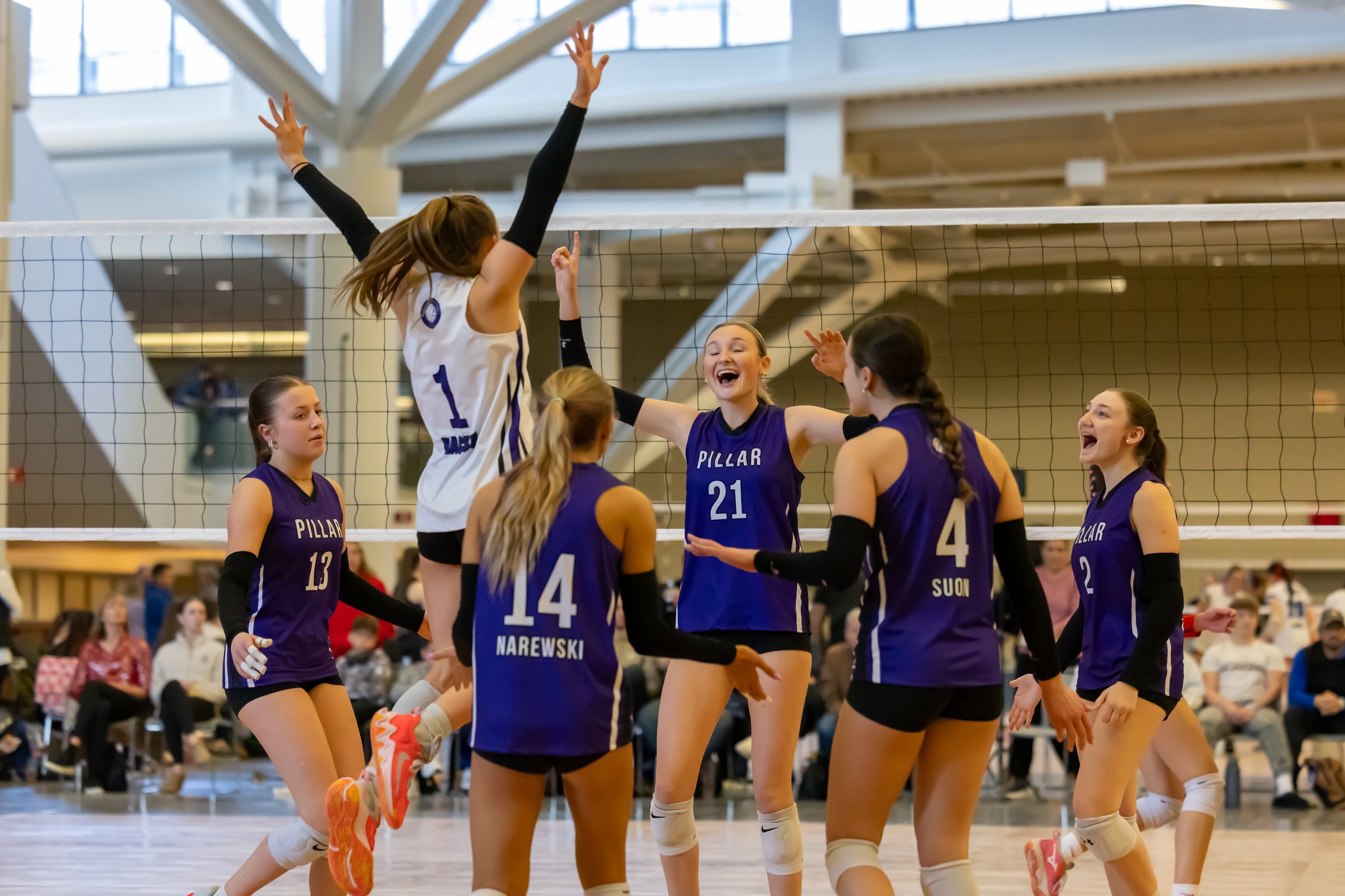 Women volleyball team celebrating on indoor court after winning point, with audience in background.