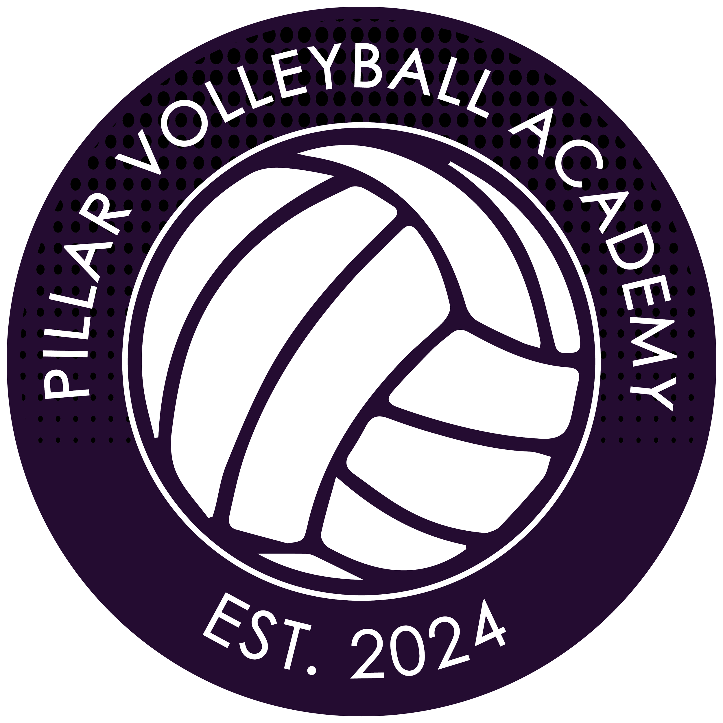 A circular logo for Pillar Volleyball Academy with a stylized volleyball in the center, and the text "Pillar Volleyball Academy" encircling it along with "Est. 2024" at the bottom.