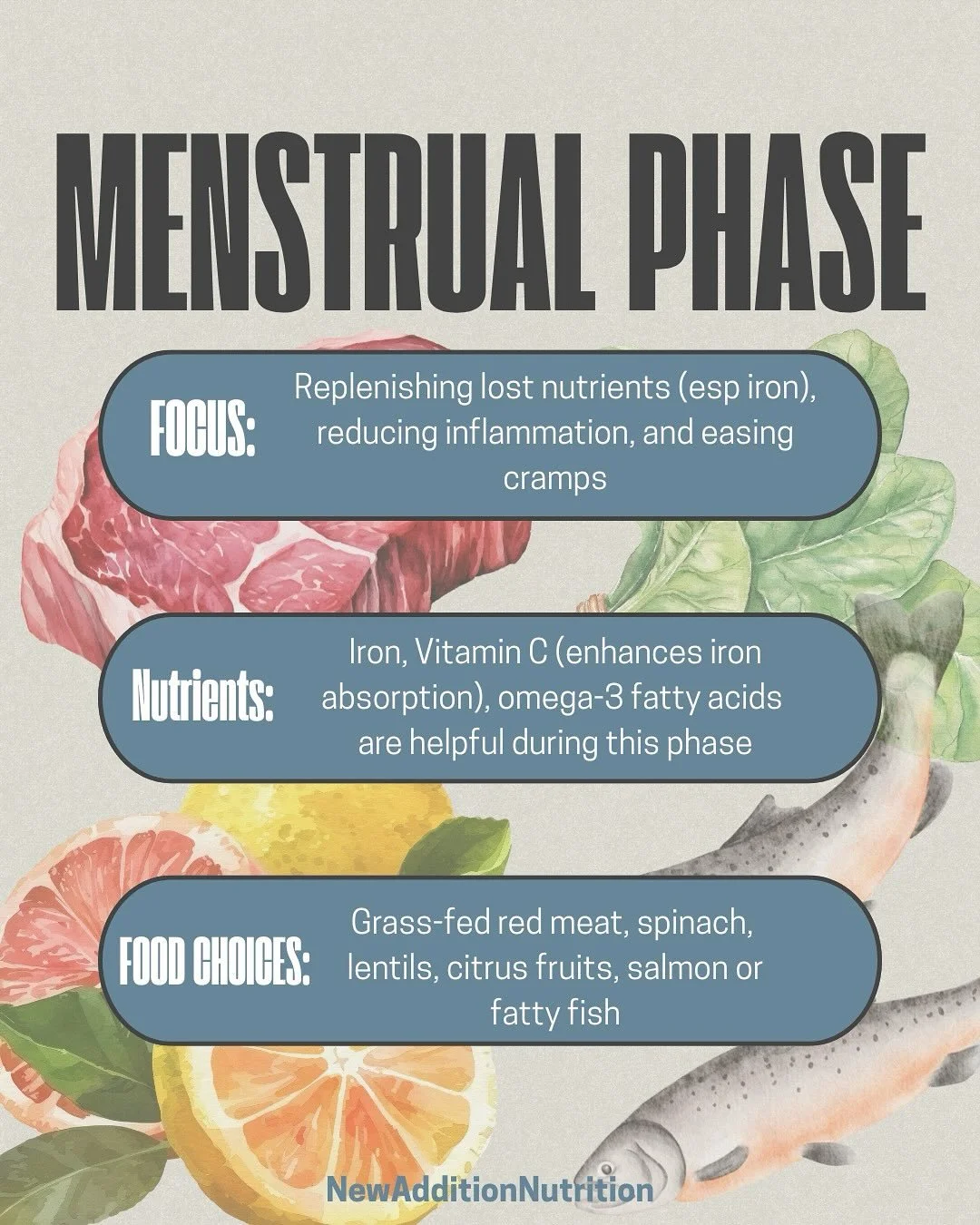 Cycle Sync Your Plate!🥦🍣🫐
Did you know your body&rsquo;s needs change throughout your menstrual cycle? From iron-rich eats during your period to magnesium-packed snacks for PMS, your food can work ~with~ your hormones, not against them! 
Swipe thr