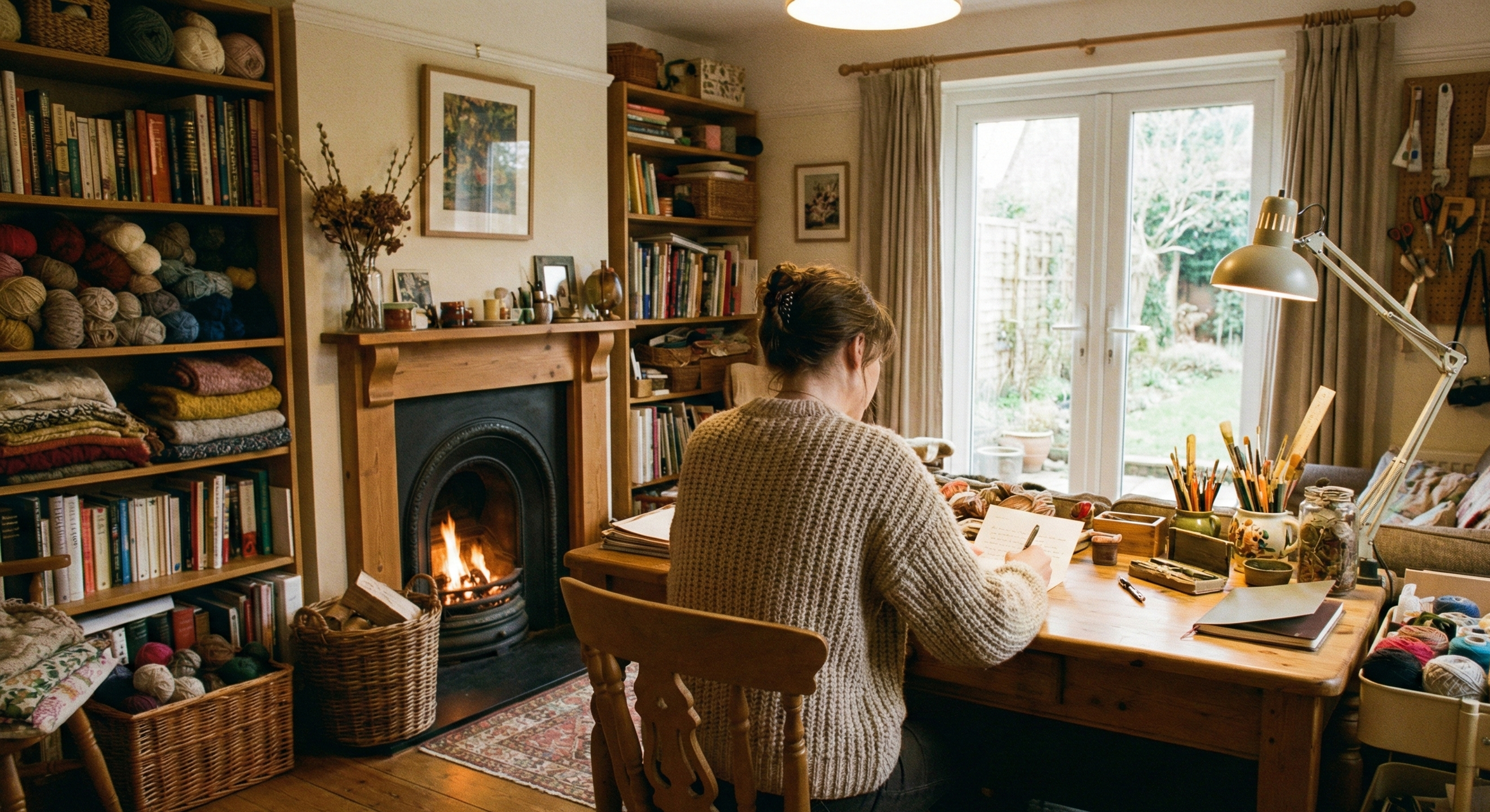 A woman sitting at a wooden table in a cozy living room, working on knitting projects with yarn and knitting needles. The room features a fireplace, bookshelves, and a glass door leading to a garden.