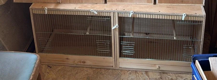 Empty wooden birdcages with wire bars and metal clips, placed side by side on a wooden floor.