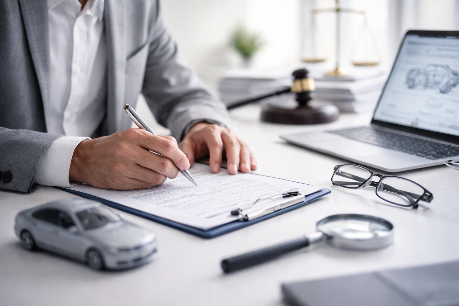 Persona revisando documentos en un escritorio con una maqueta de coche, gafas, lupa, laptop y balanza.