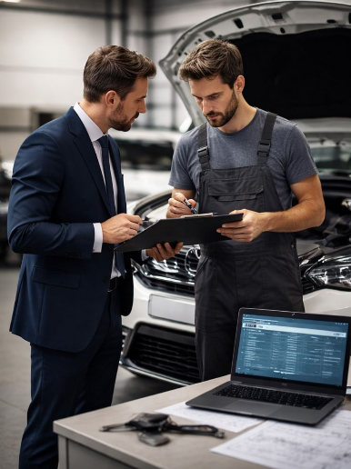 Un mecánico revisando una orden de servicio con un cliente en un taller, con un coche y una laptop en la mesa.