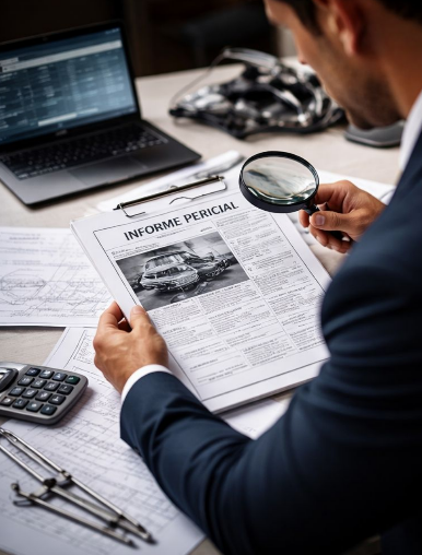 Persona revisando un informe pericial con lupa, escritorio con computadora portátil y documentación.
