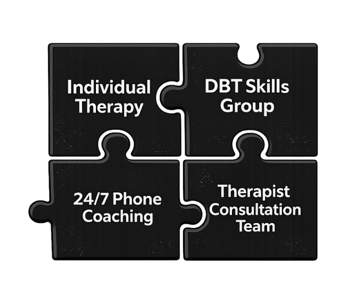 Four black puzzle pieces with white text: 'Individual Therapy', 'DBT Skills Group', '24/7 Phone Coaching', and 'Therapist Consultation Team'.