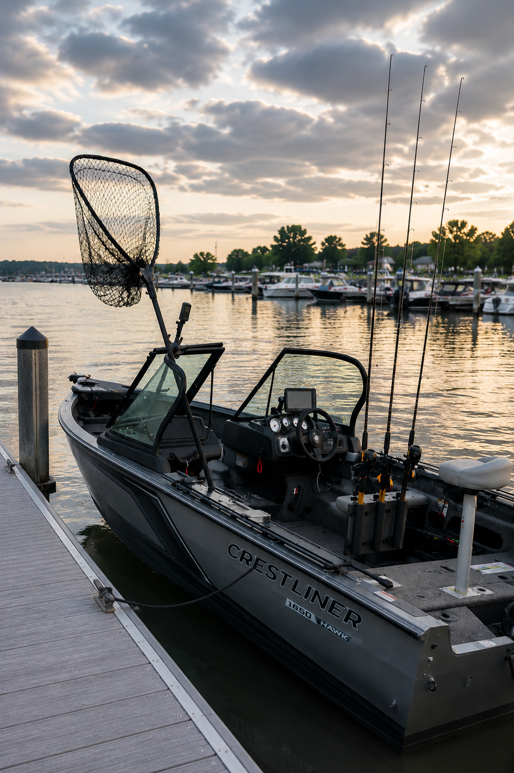 The Outdoor Conquest fishing boat docked and ready for guided fishing charters on Lake St. Clair.
