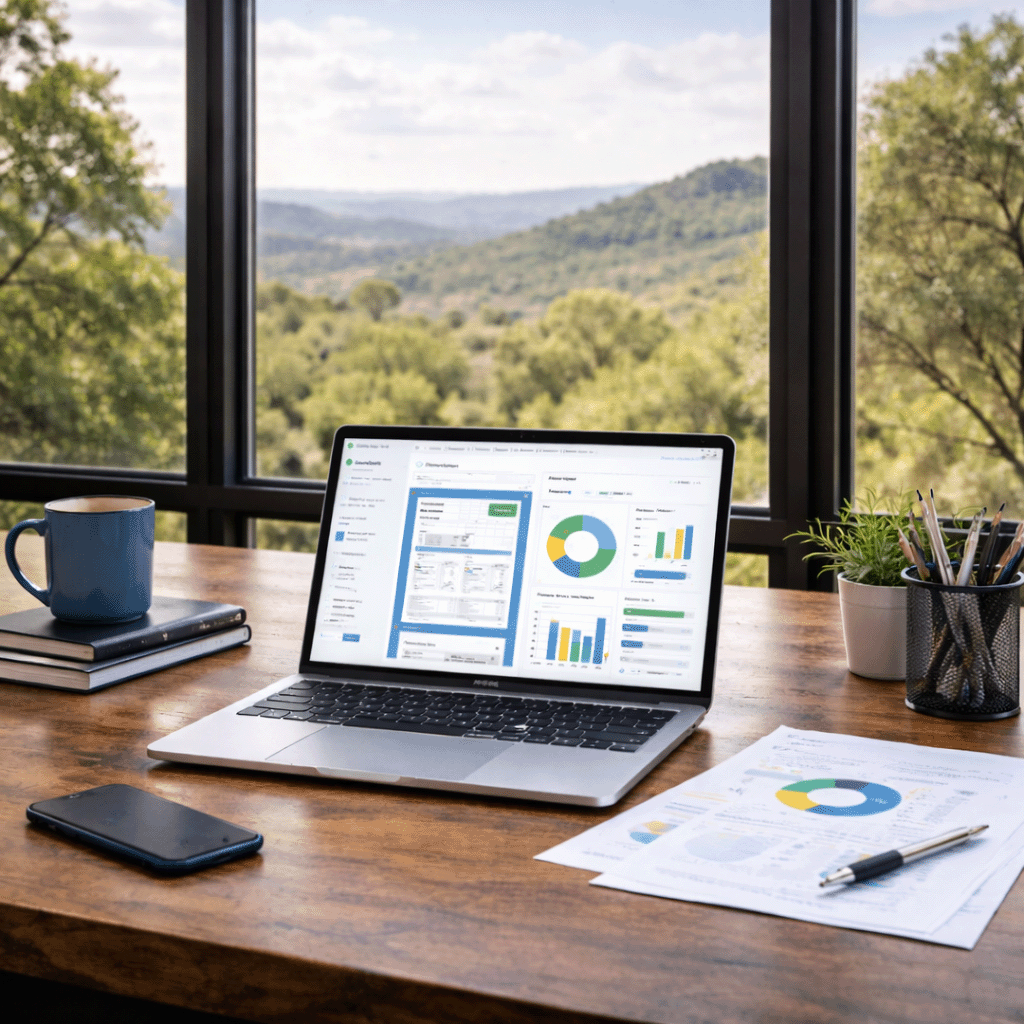 Laptop on desk with view of outdoors