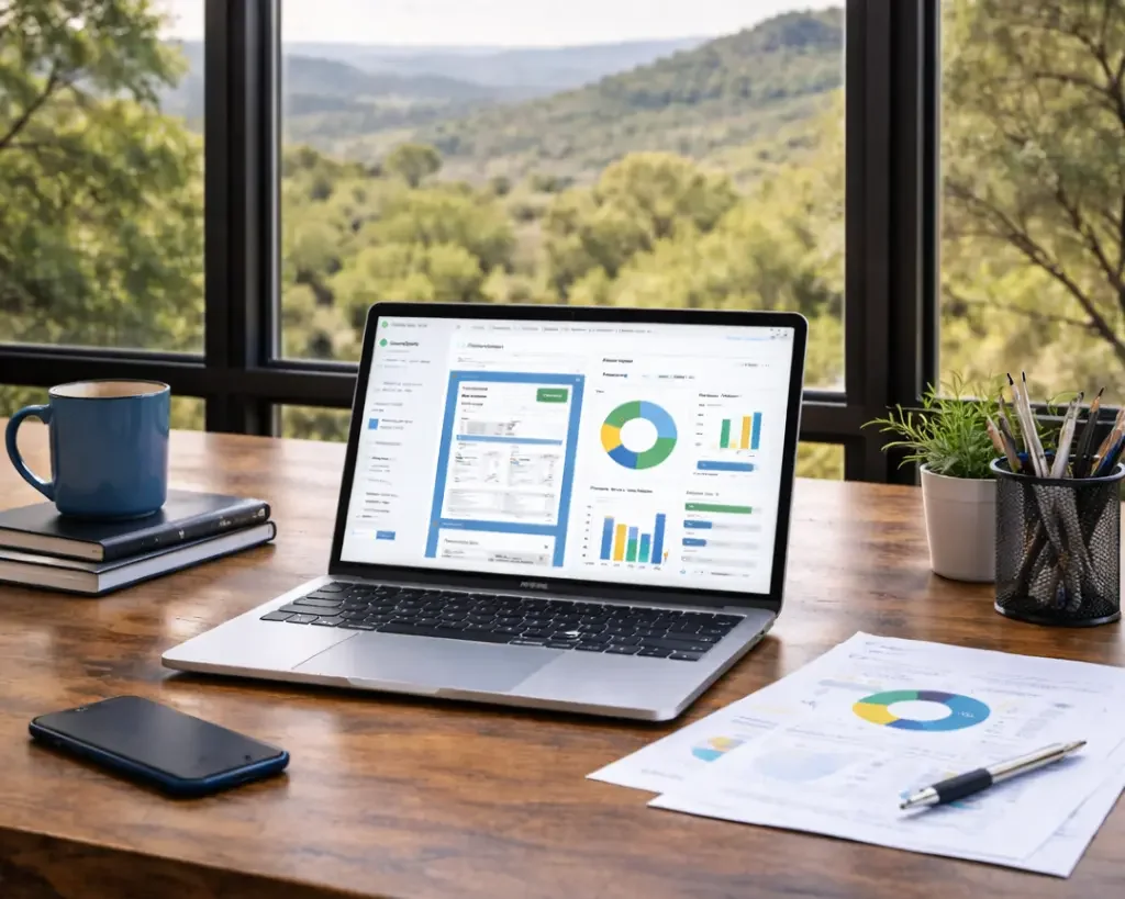 Laptop on a desk with view of outdoors