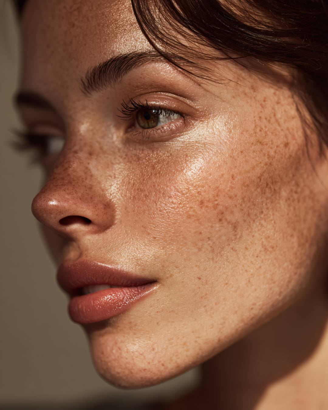 a freckled model depicting smooth skin, plump lips, plump cheek bones