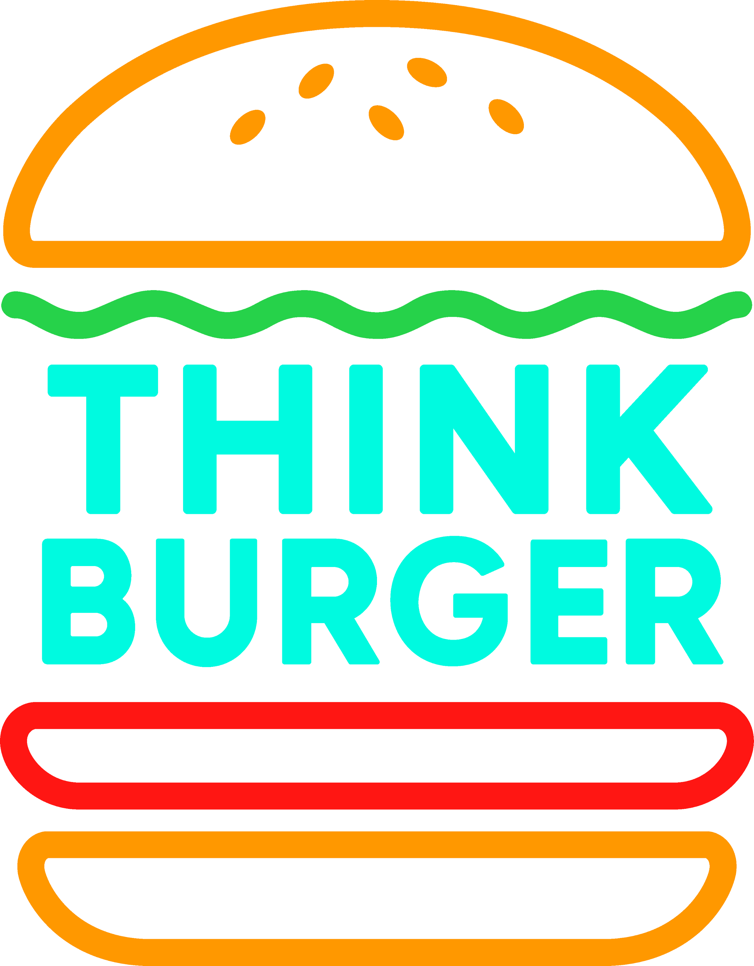 A colorful neon-style sign featuring a stylized burger and the words "Think Burger" in bright letters.