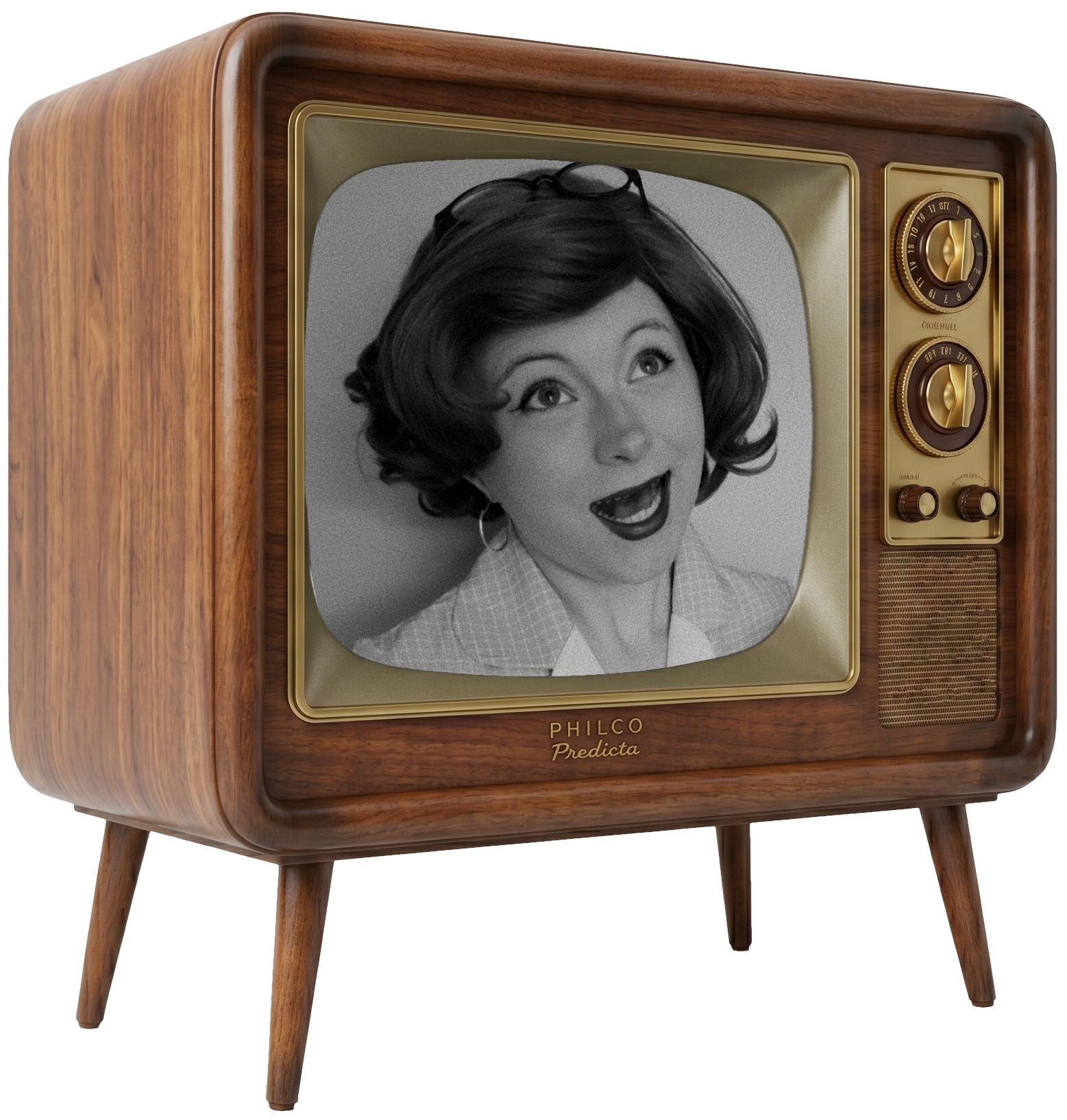 A vintage wooden television set displaying a black-and-white image of Em August as a repressed 1950's housewife.