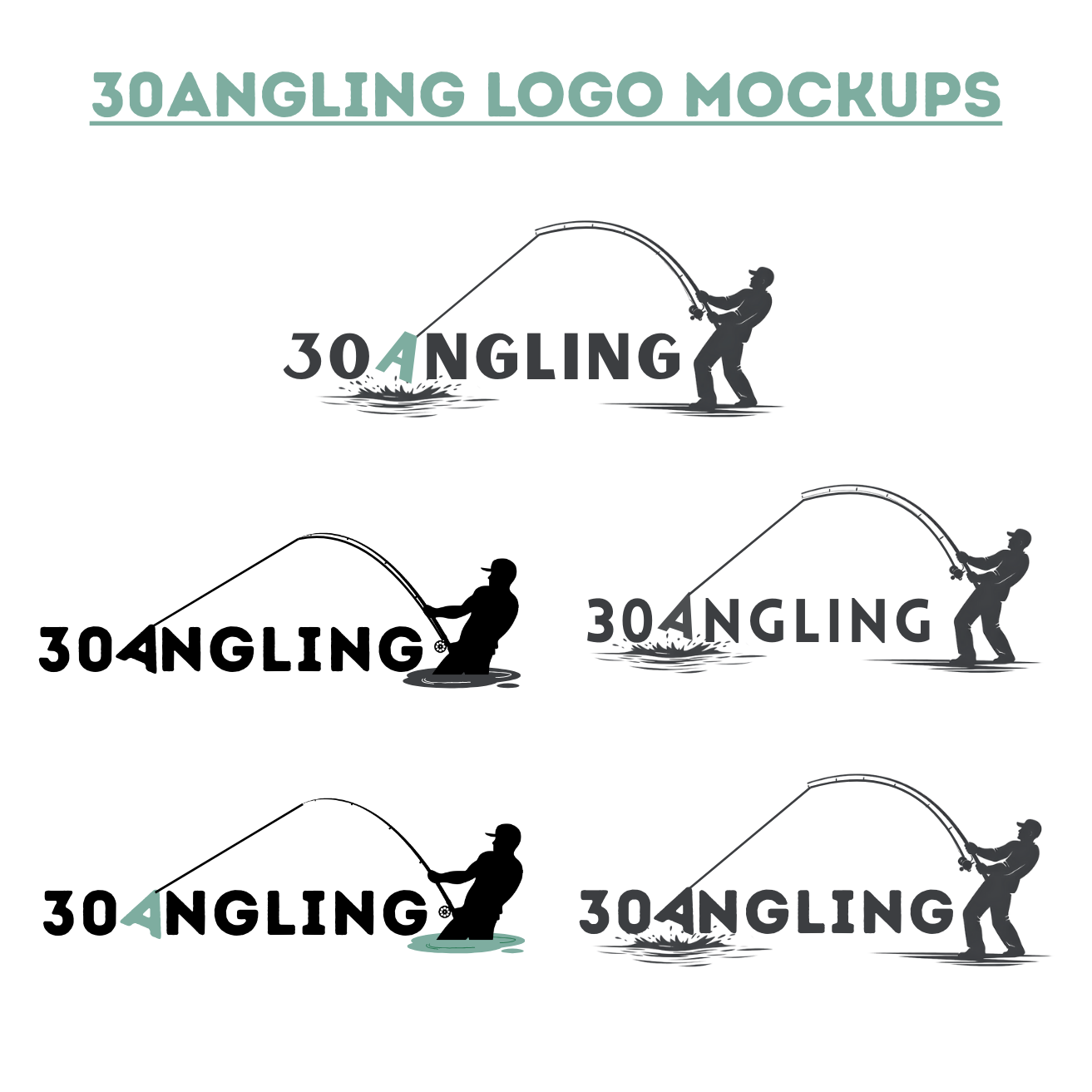 Mockup of logo designs with the text '30 Anngling' and a fisherman illustration, showing different color schemes and styles.