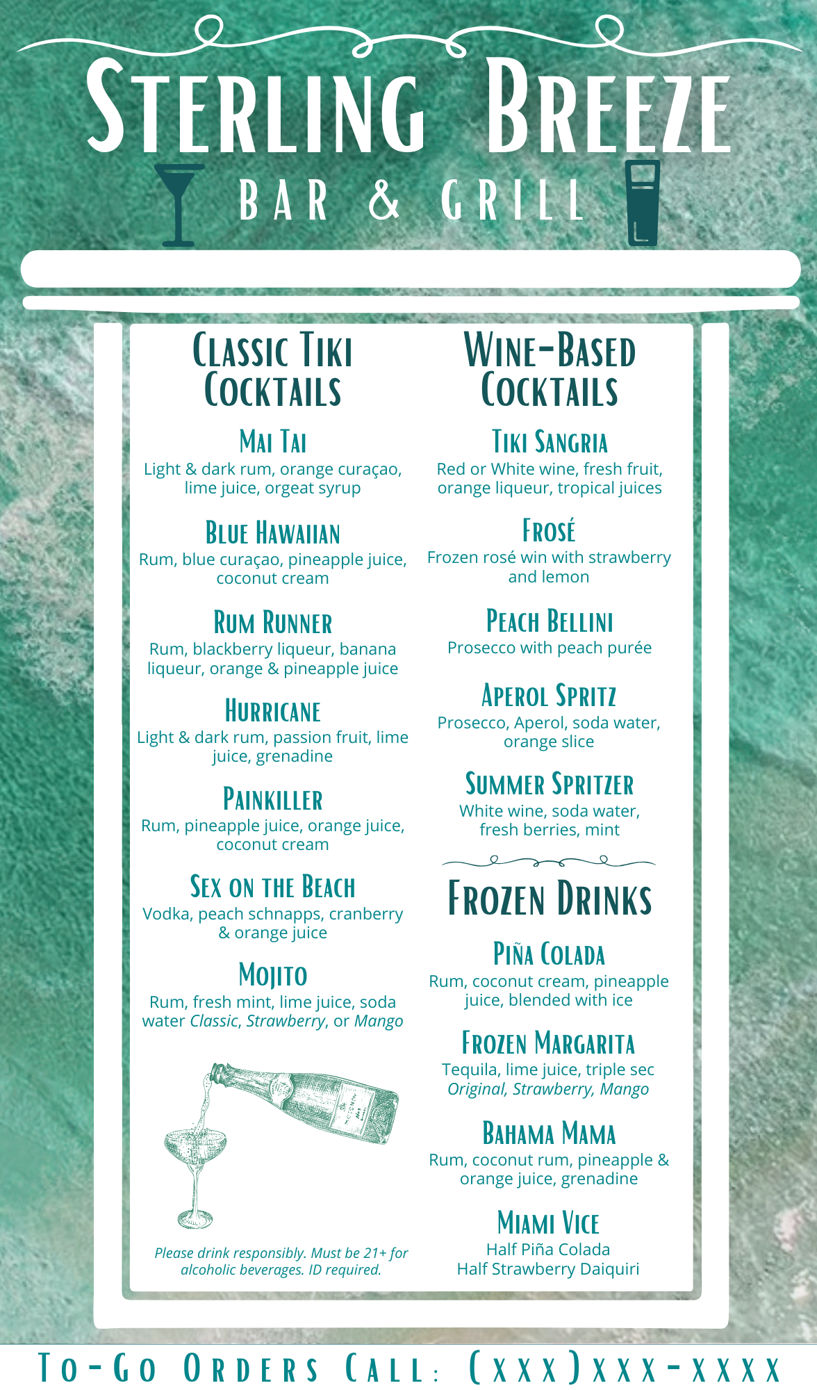 Menu from Sterling Breeze Bar & Grill featuring classic tiki cocktails, wine-based cocktails, frozen drinks, and descriptions of each drink.