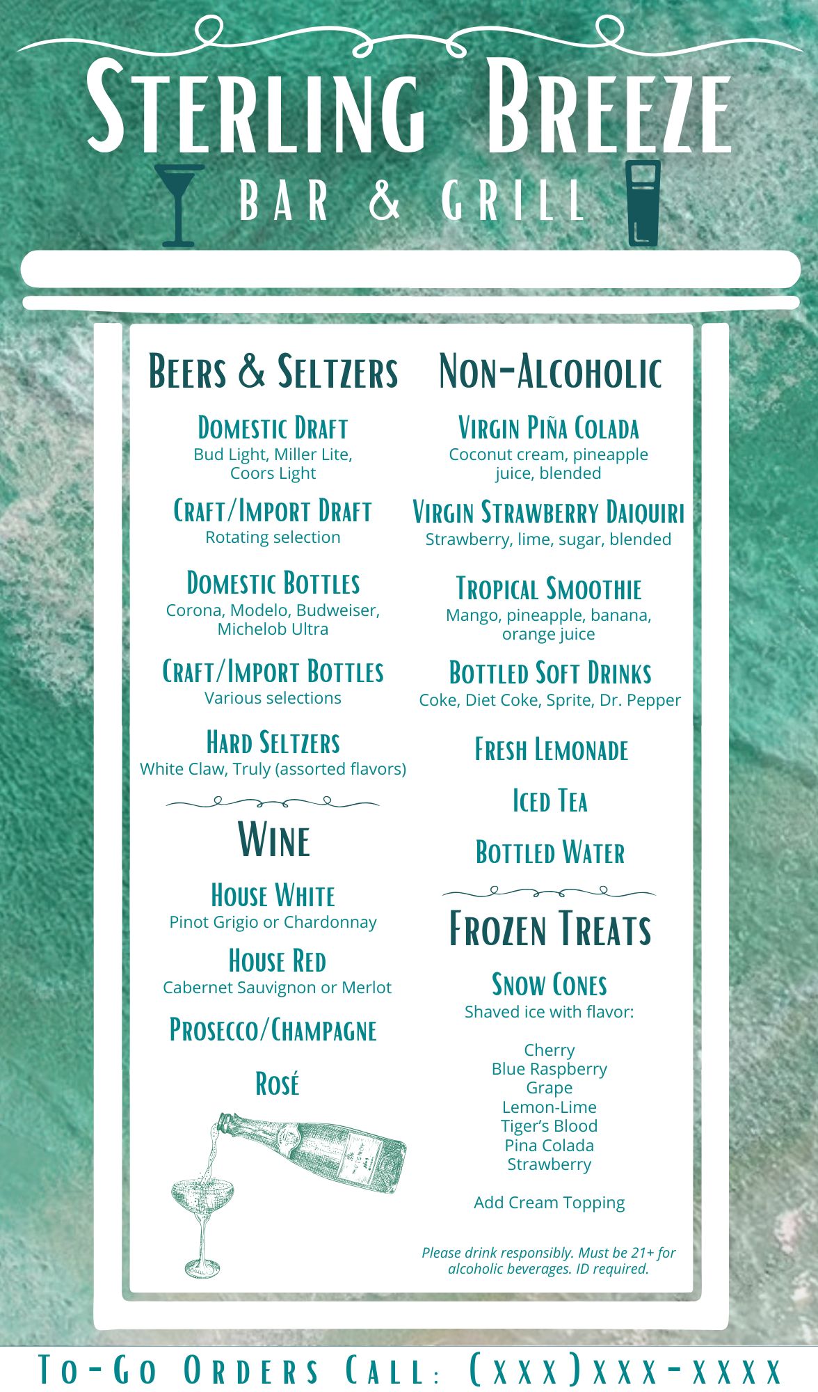 Menu board for Sterling Breeze Bar & Grill listing drinks including beers, seltzers, wine, non-alcoholic options, frozen treats, and bottled water, with a teal background and decorative elements.