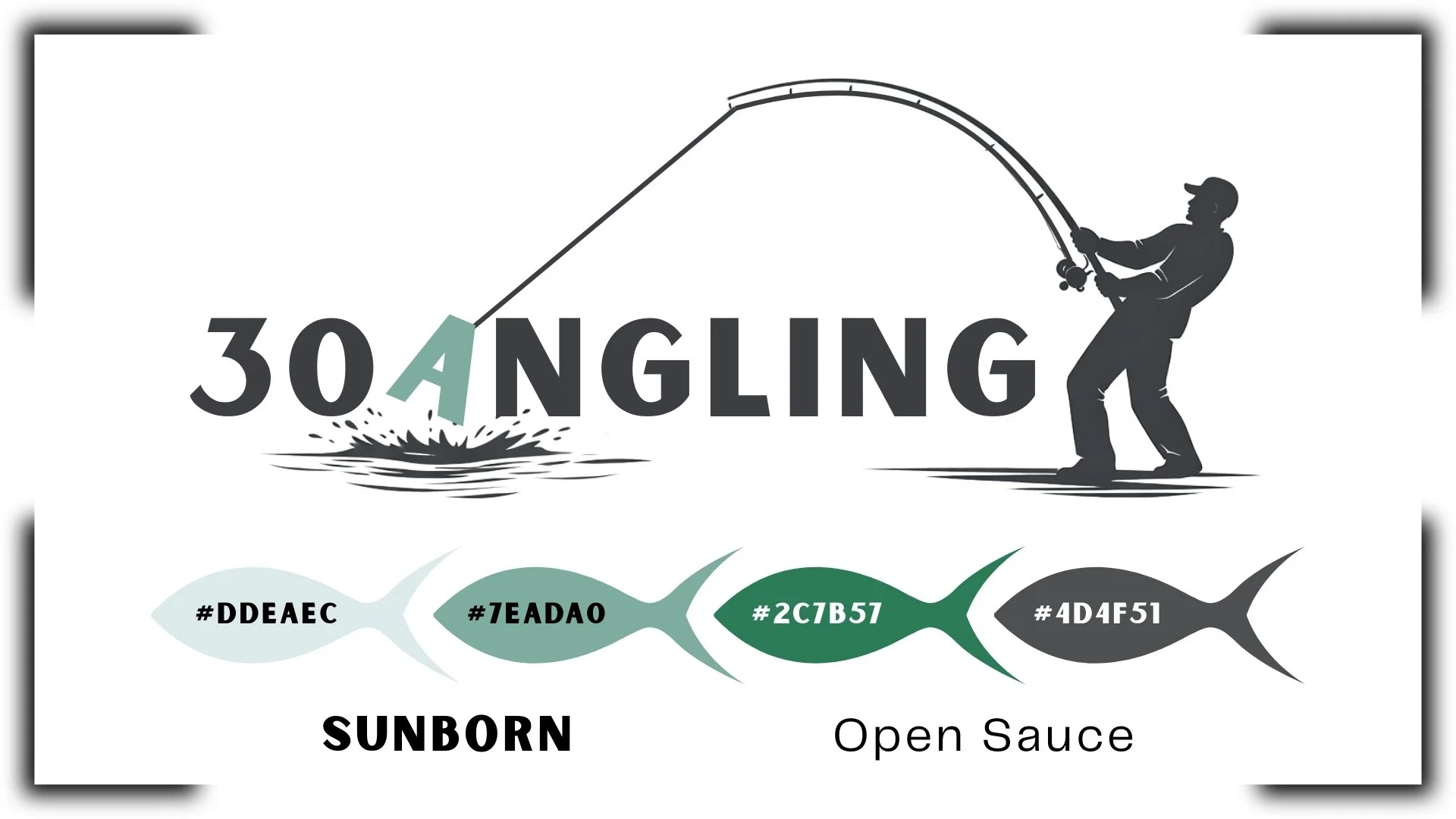 A fishing-themed graphic with a man casting a fishing line, the word 'ANGELING' with the letter 'A' as the fishing line, and four fish illustrations with color codes labeled 'Sunborn' and 'Open Sauce'.