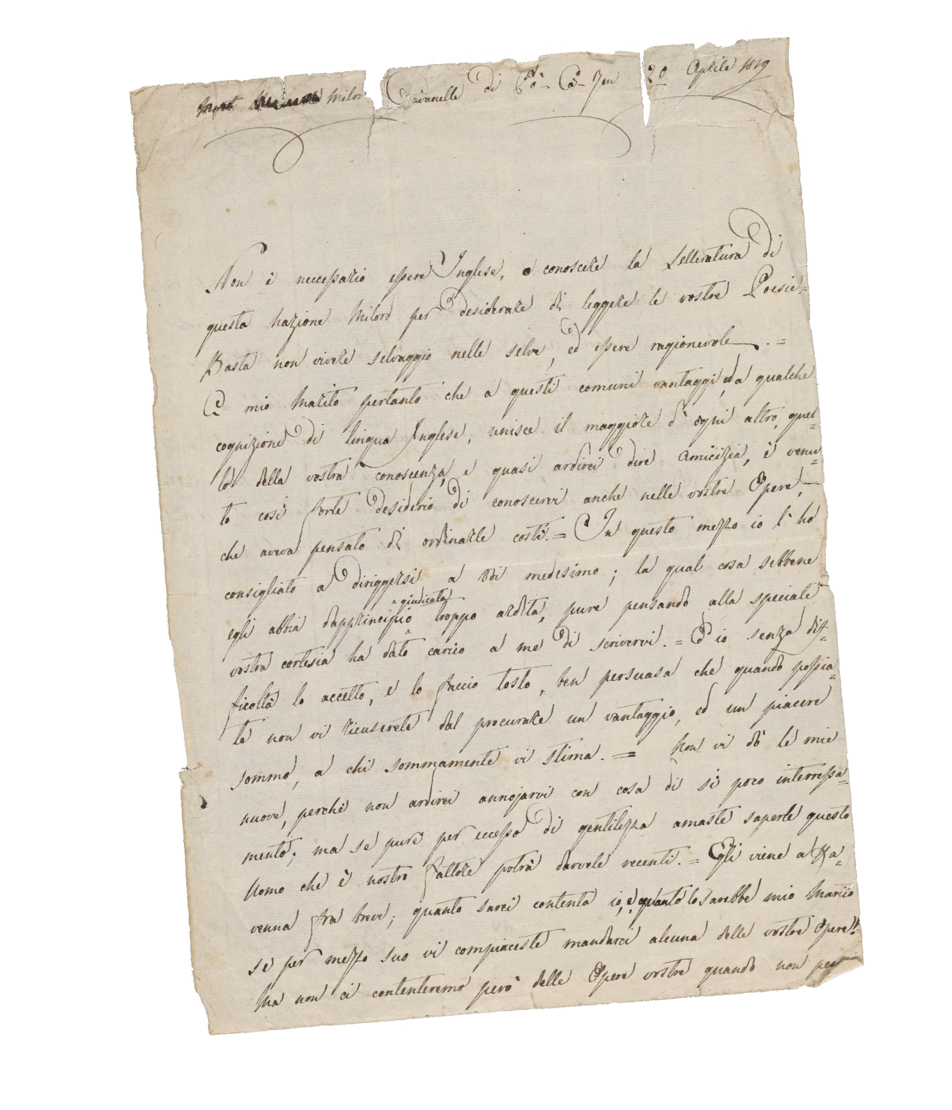 An aged, handwritten letter on parchment paper, written in Italian with cursive script, showing signs of wear with torn edges and creases.
