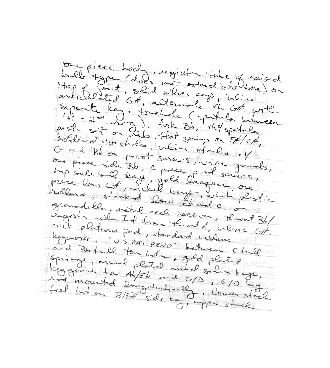 Handwritten notes on a piece of paper detailing a lock and key mechanism, including parts like a registered tube, slide keys, a toggle, and pin screws.