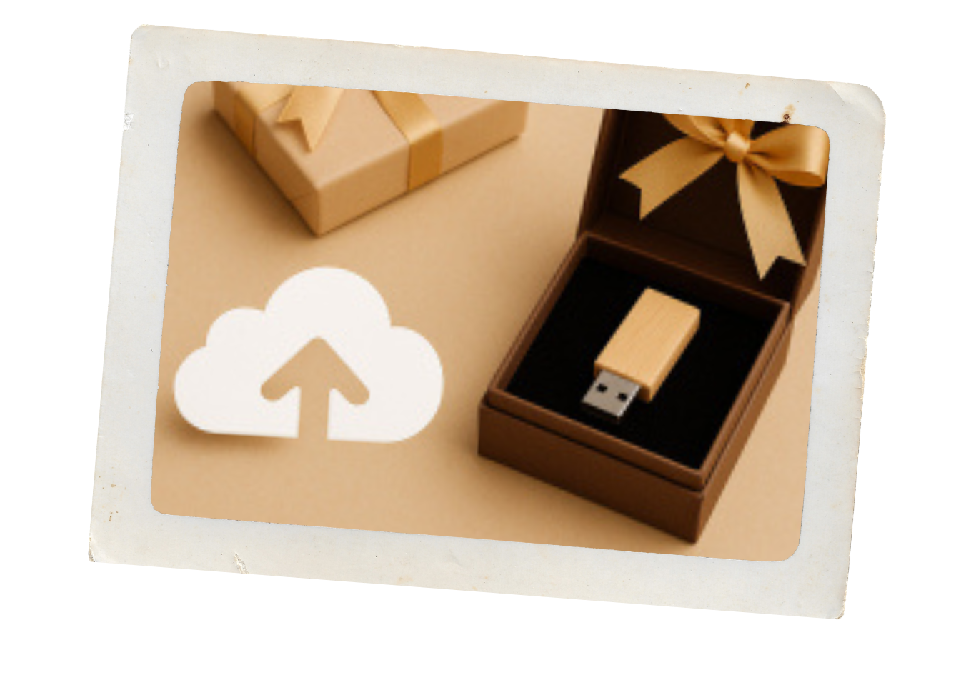 A wooden USB flash drive inside a gift box with a ribbon, a cloud upload icon, and a wrapped gift box in the background.