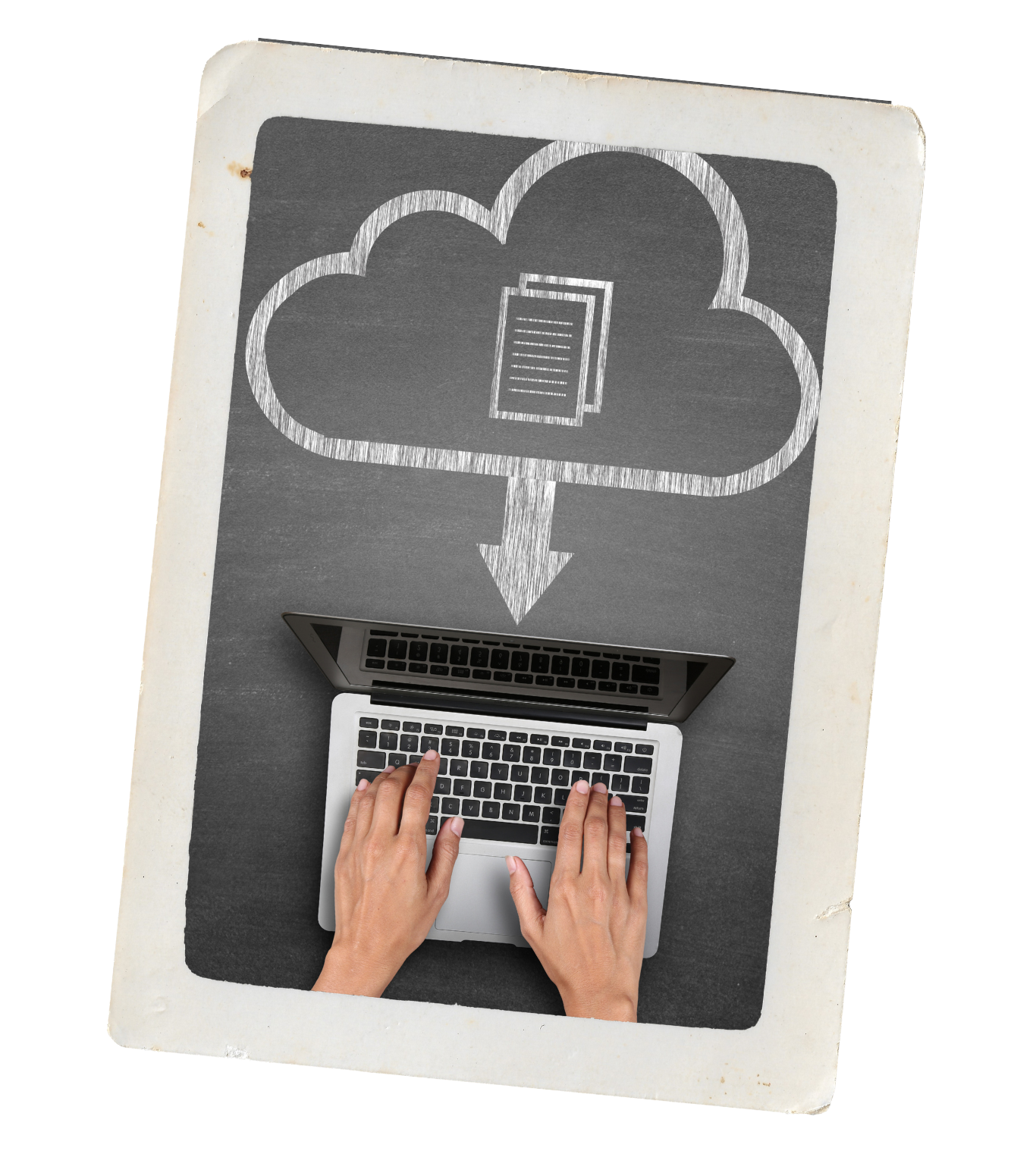 Hands typing on a laptop keyboard with a chalk drawing of a cloud and a document above it, and a downward arrow pointing to the laptop on a dark surface.