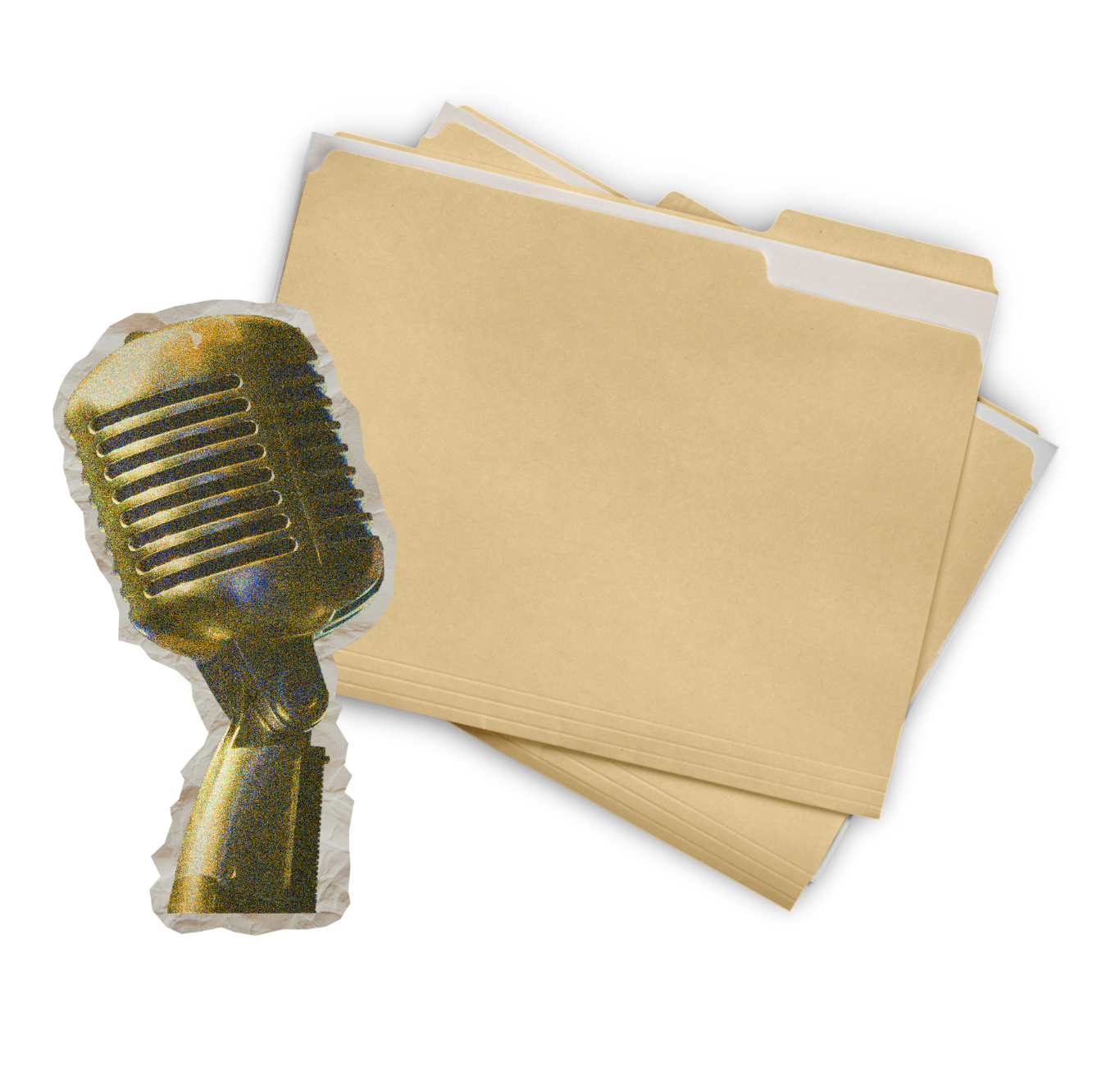 A vintage microphone with a stack of manila folder files behind it.