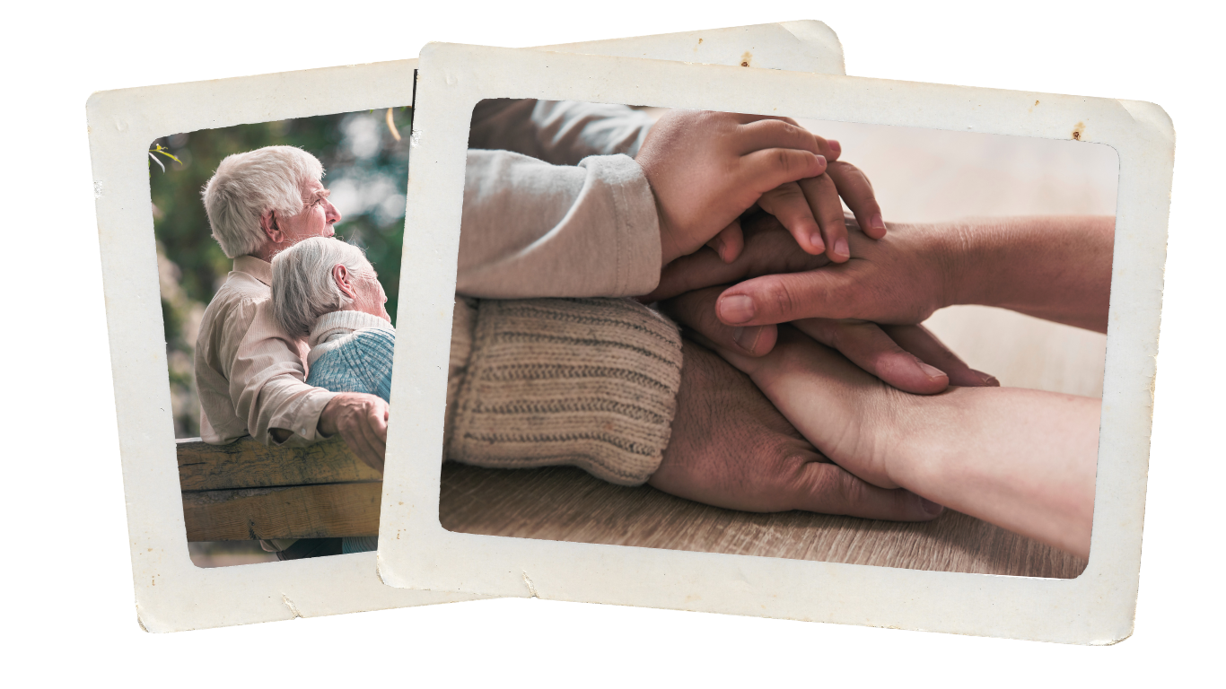 Two overlapping photos on old photo paper showing elderly people embracing outdoors and holding hands