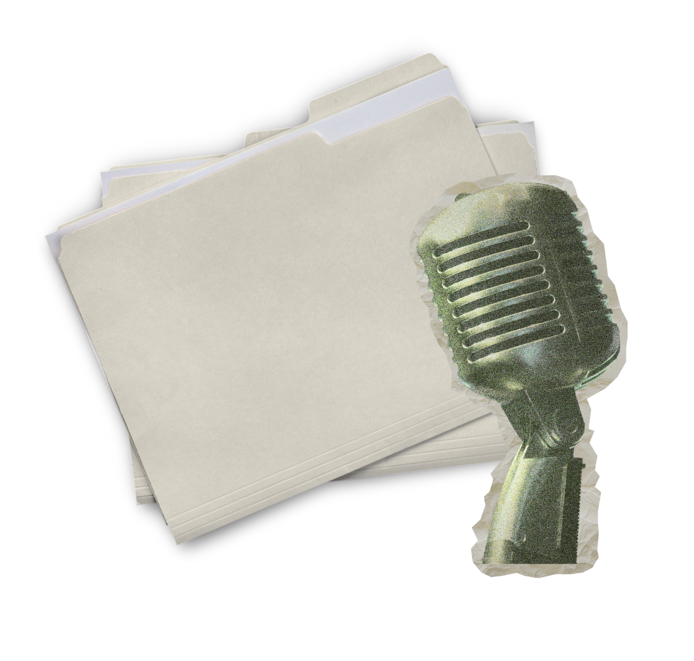 Stack of white folders with a retro microphone sticker in the foreground.