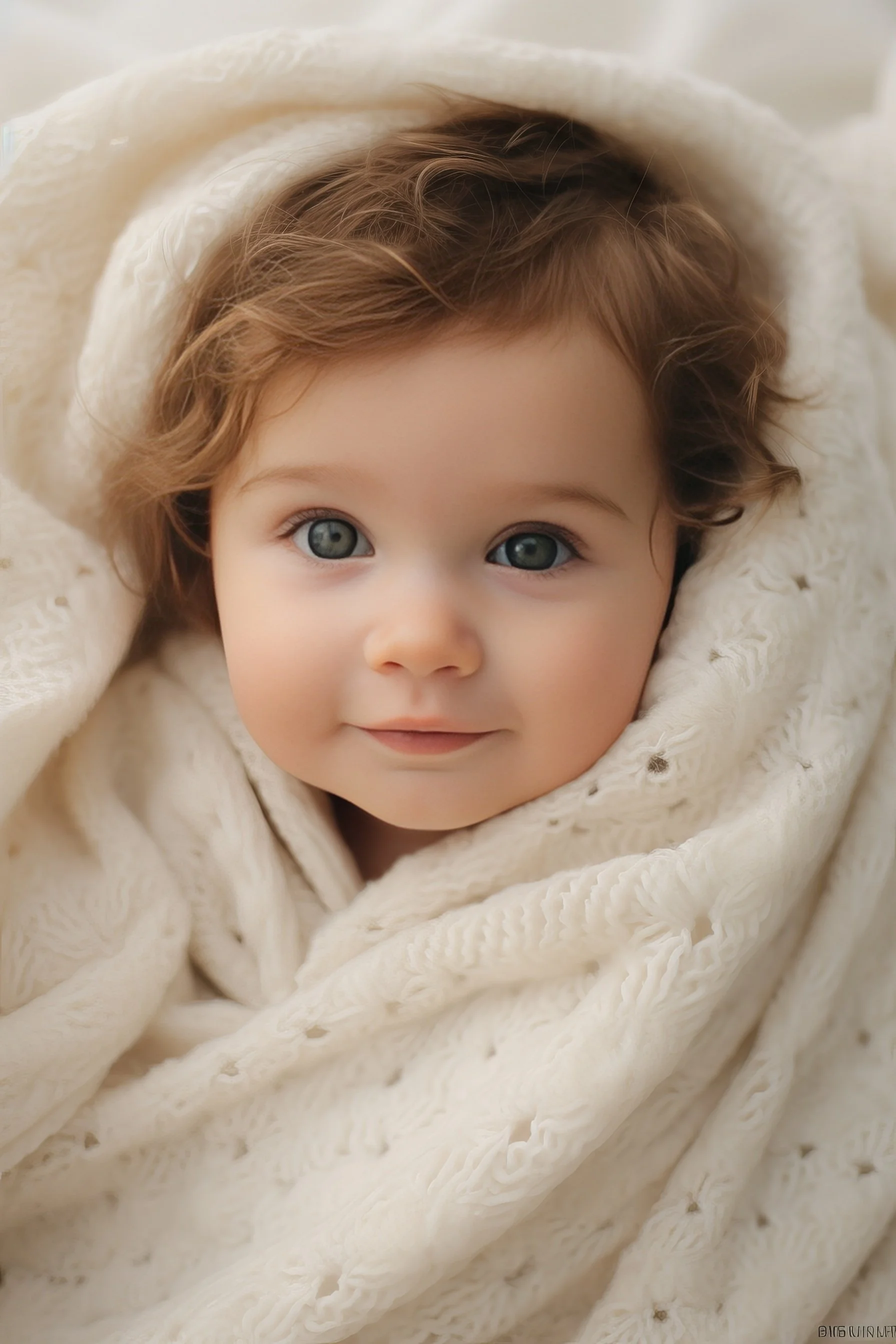 Close-up of a young child with curly brown hair and blue eyes, wrapped in a cream-colored blanket.