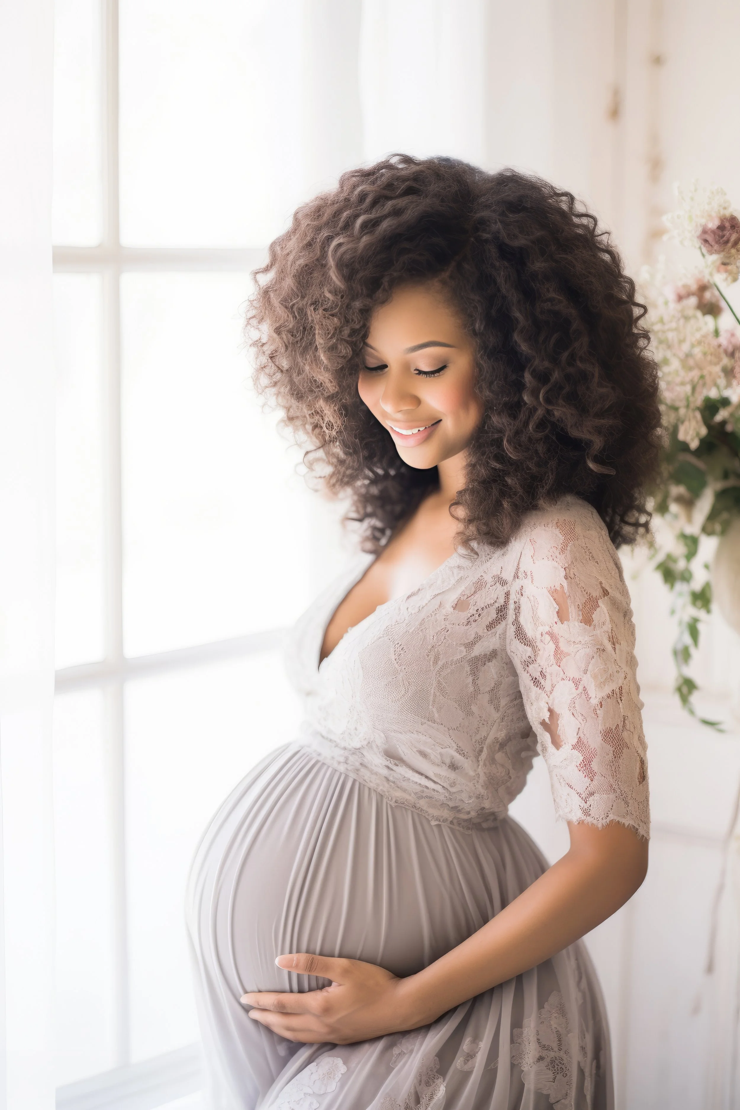 Pregnant woman smiling, wearing a lace top and a flowing skirt, gently holding her belly near a window with soft natural light.