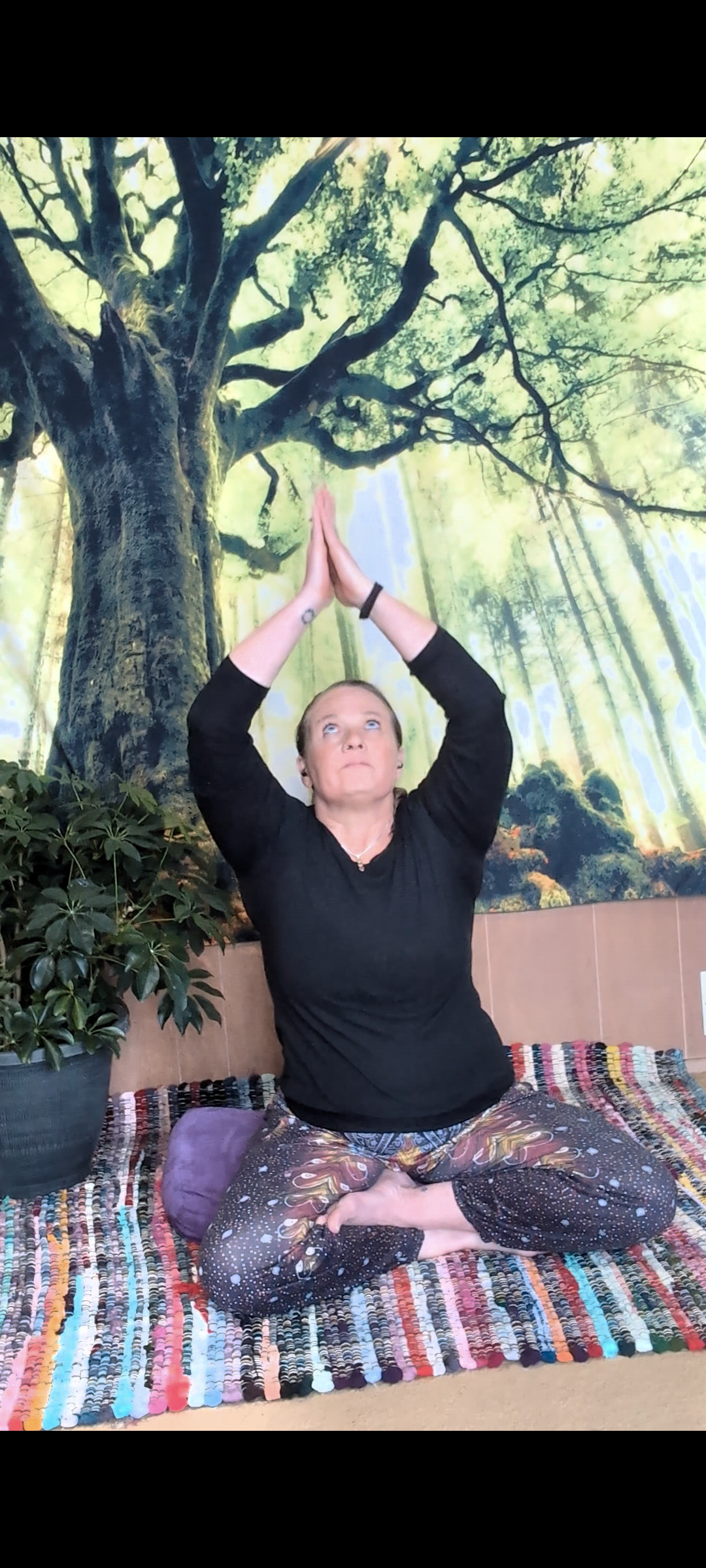 A woman practicing yoga on a colorful woven mat indoors, sitting cross-legged with her hands in a prayer position above her head, looking upward. There is a large tree mural or picture behind her, along with a potted plant on her left side and a purple cushion behind her.