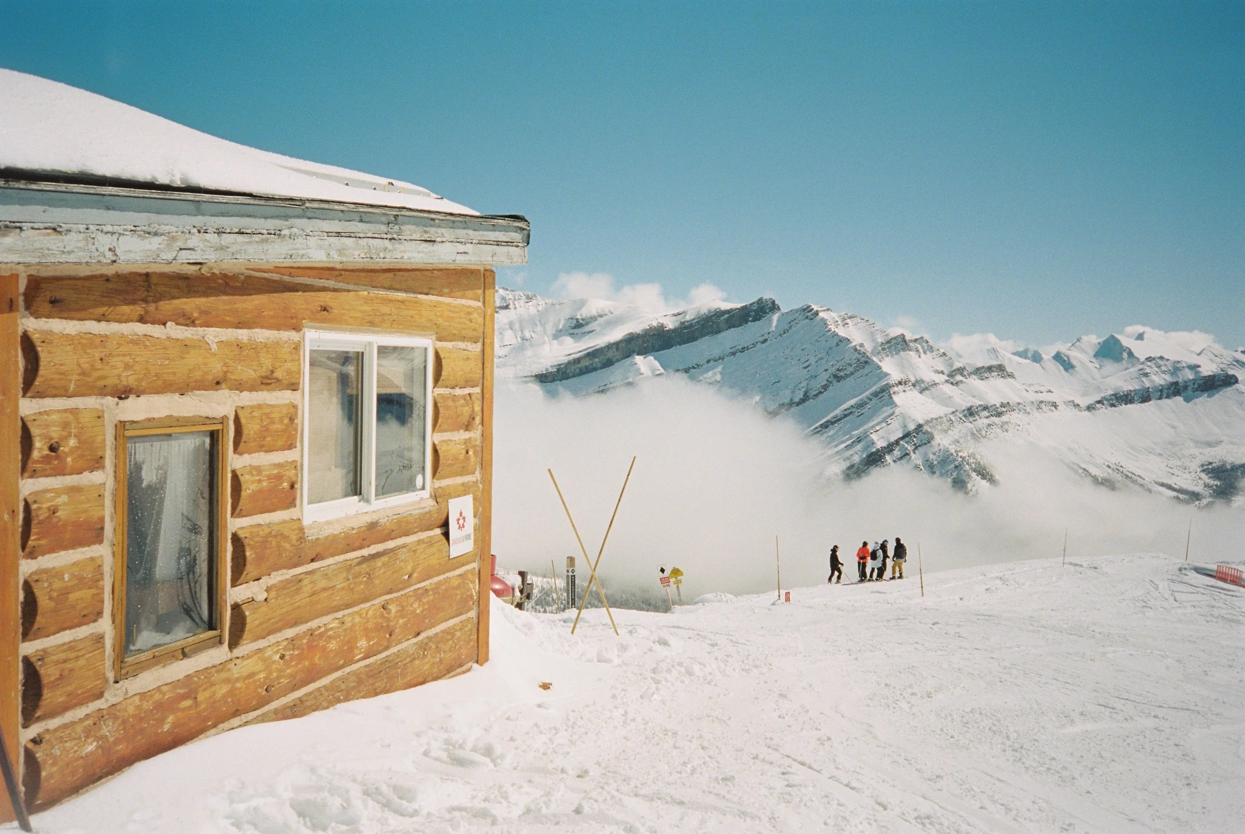 Canadian ski patrol hut in Banff, Canada view of mountains and cloud inversion Lake Louise on 35mm film 