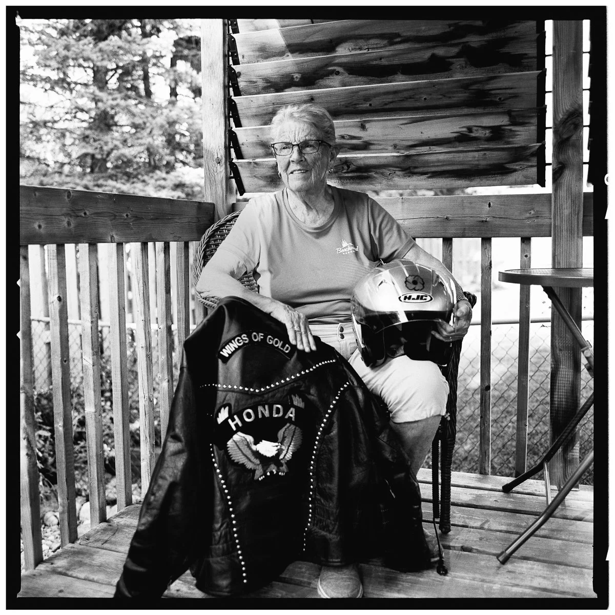 senior woman motorcycle rider portrait on film motor maid honda goldwing