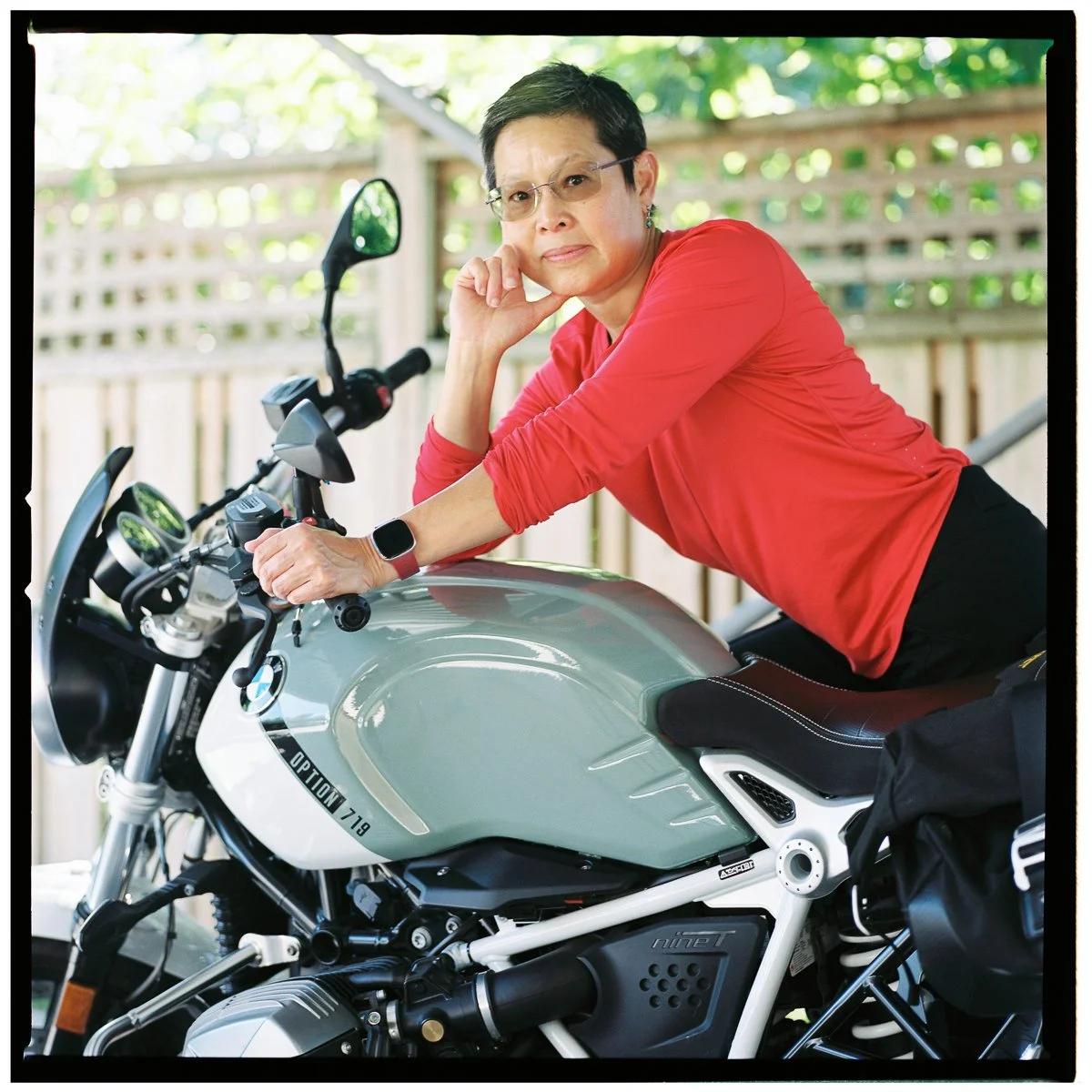 woman motorcycle rider bmw motorcycle portrait on film 