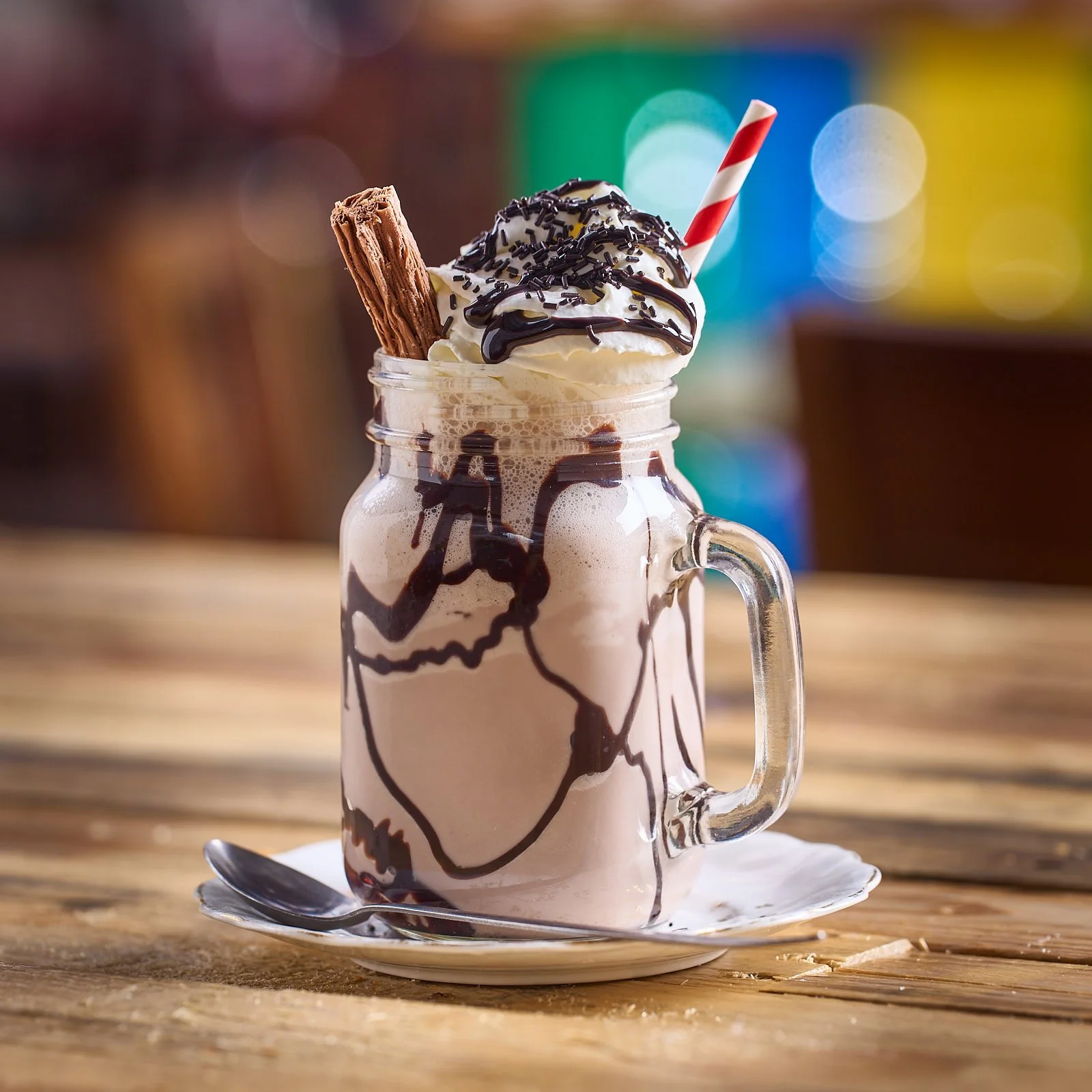 Chocolate milkshake topped with whipped cream for menu marketing at The Carding Shed Holmfirth