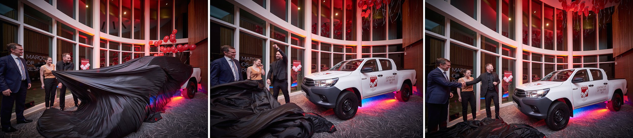 Large corporate gala event with live entertainment and full audience