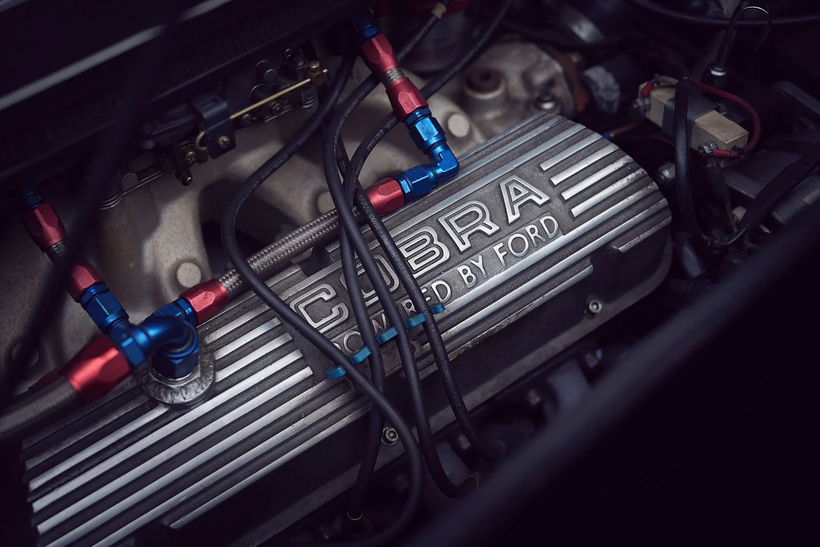 Engine bay detail shot in automotive photography session AC Cobra