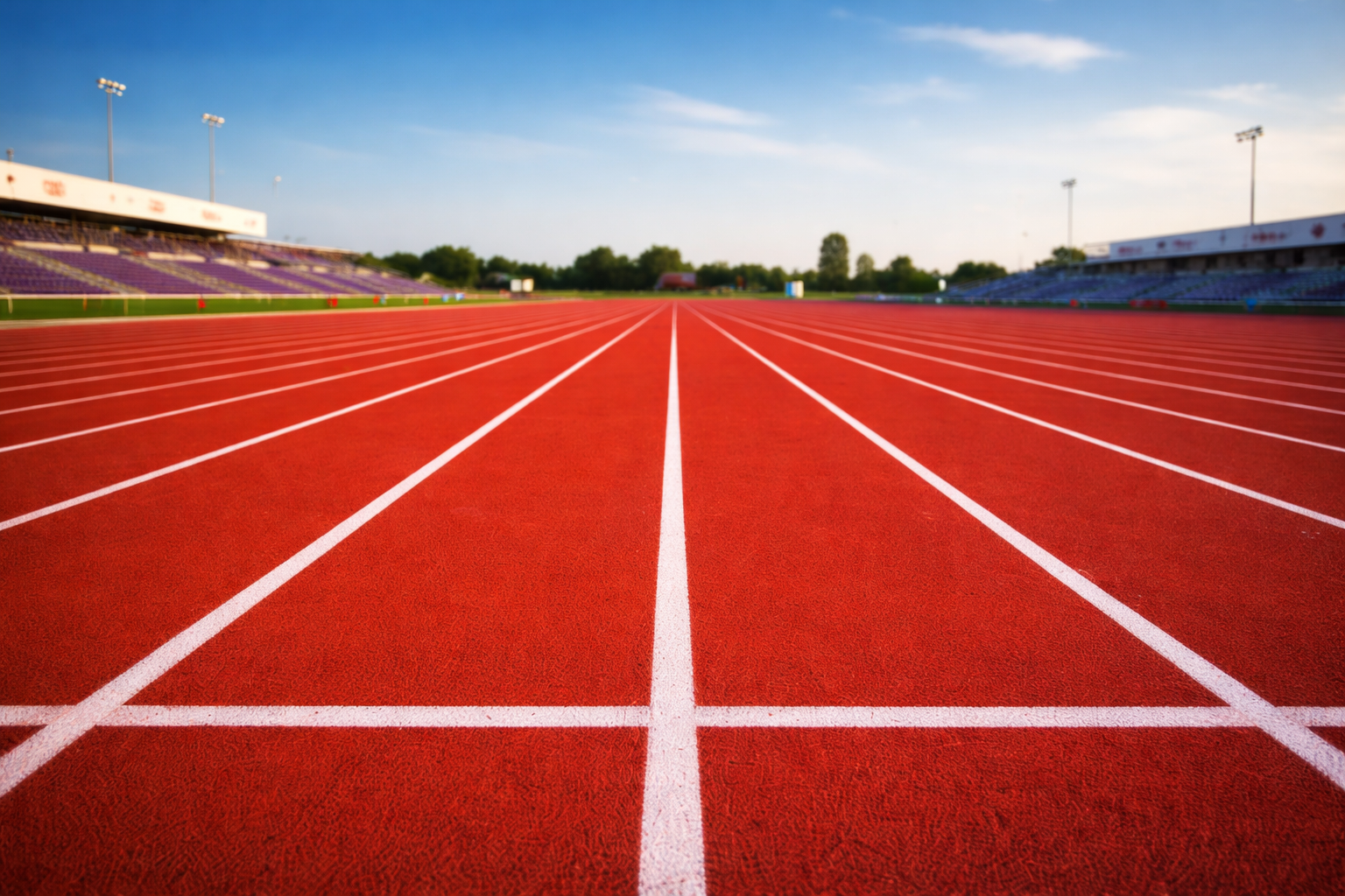 Empty red running track in a stadium with purple and blue seating, green field, and a blue sky with some clouds.
