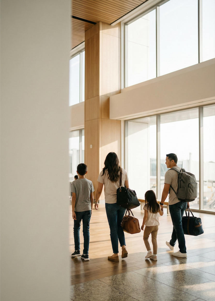 A family of four walking through a modern, well-lit building with large windows and wooden accents, carrying luggage.