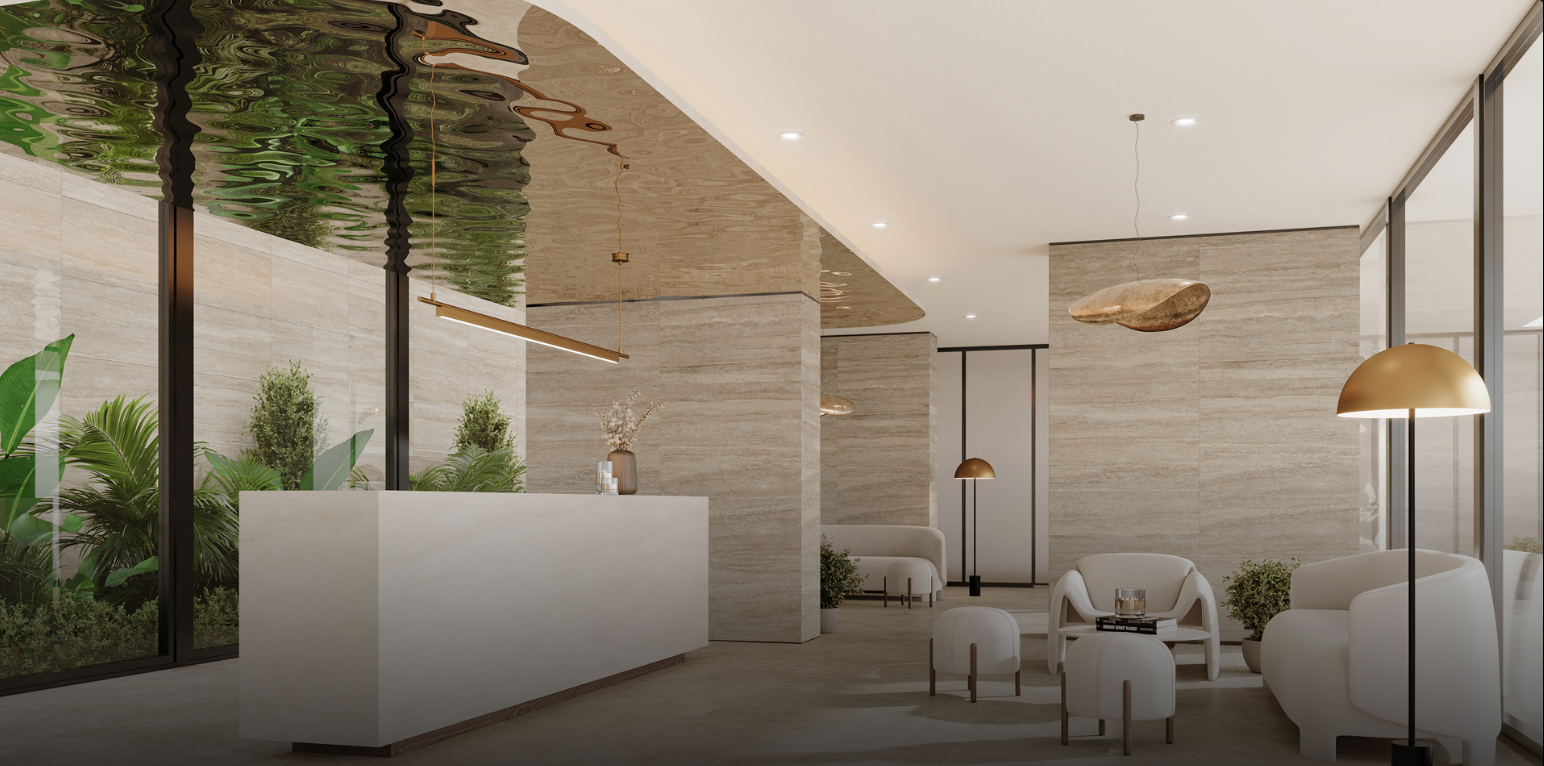 Modern hotel or office lobby with neutral tones, large windows, lush green plants, a reception desk, and comfortable seating with gold and white accents.
