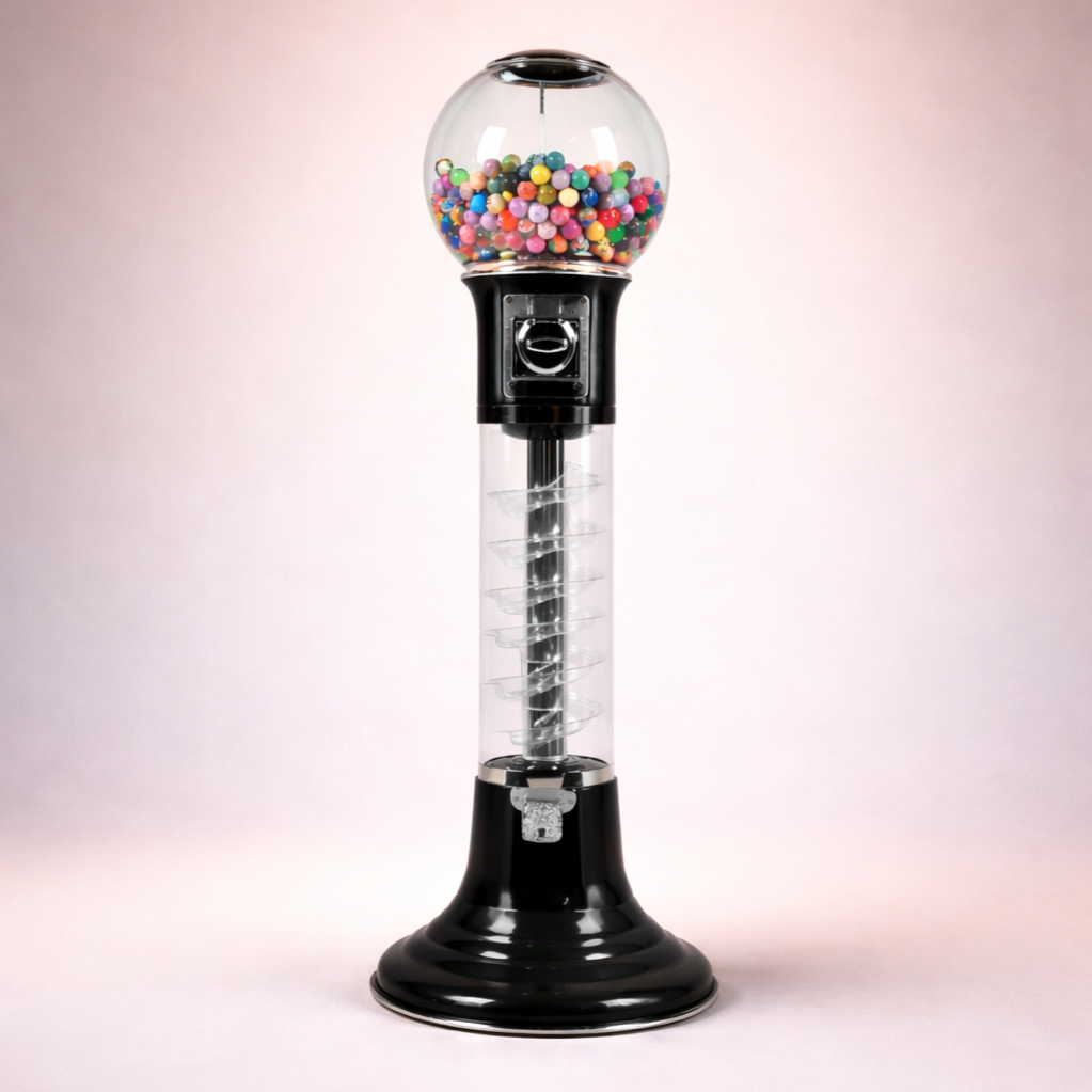 Gumball machine filled with colorful gumballs, set against a plain background.